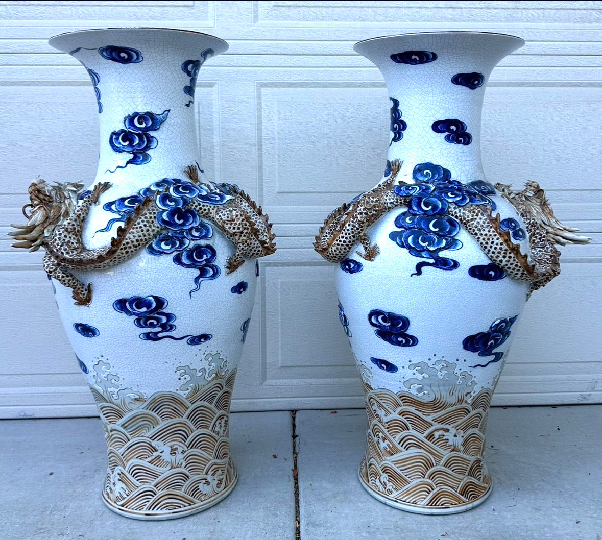 A Pair of Large Exquisite Rare Antique Chinese Raised Relief Dragon Vases