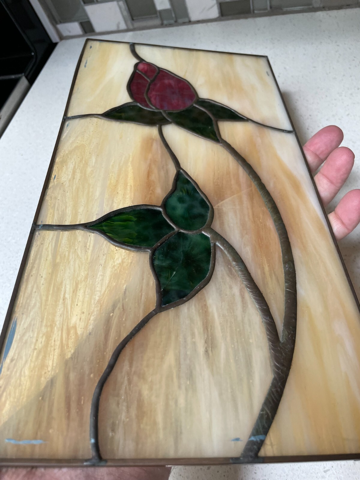 7.5″ x 14.75″ Rosebud Stem Leaded Stain Glass Panel – crack on one pane