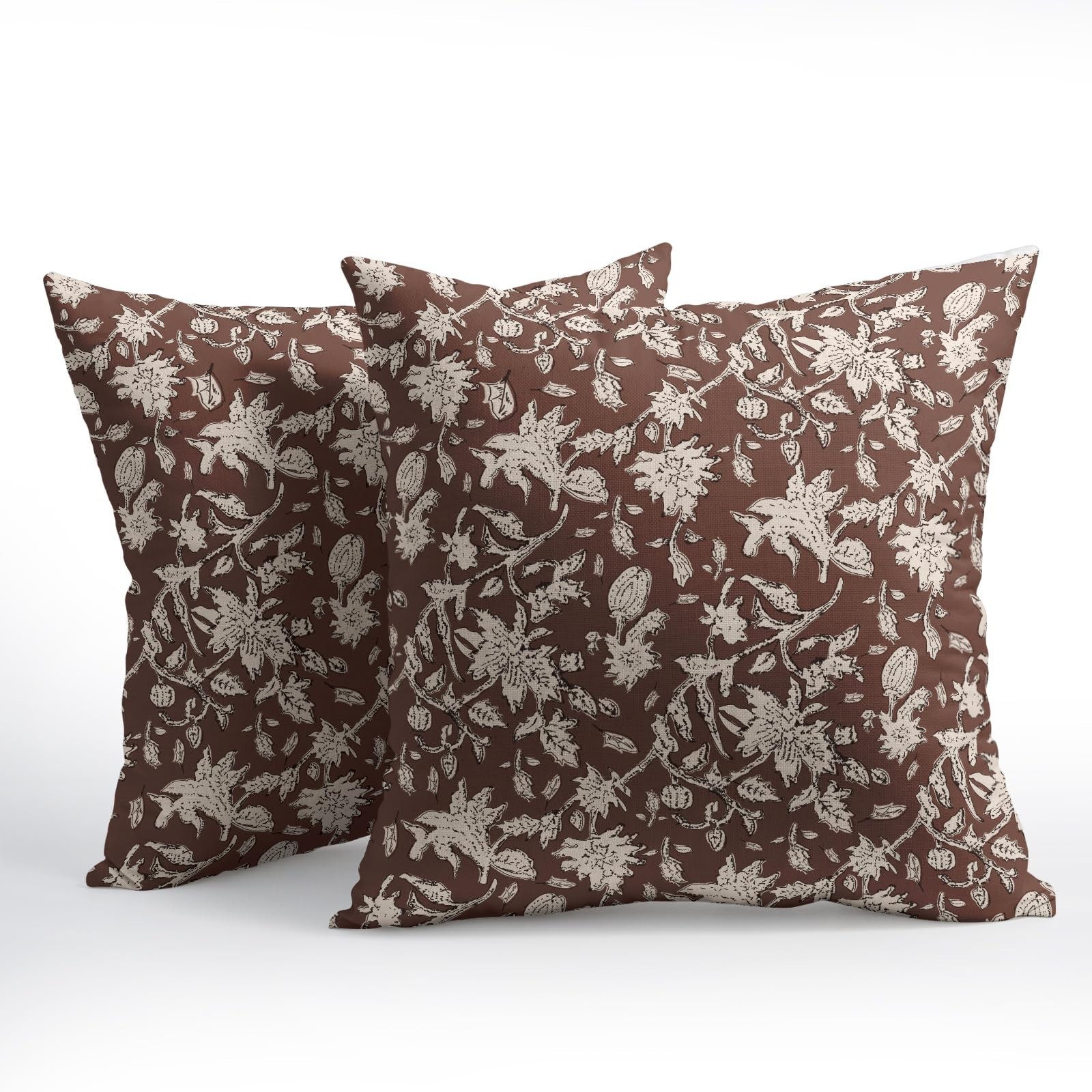 Reddish Brown Floral Block Print Throw Pillow Covers 18×18 Inch Set of 2 Vint…