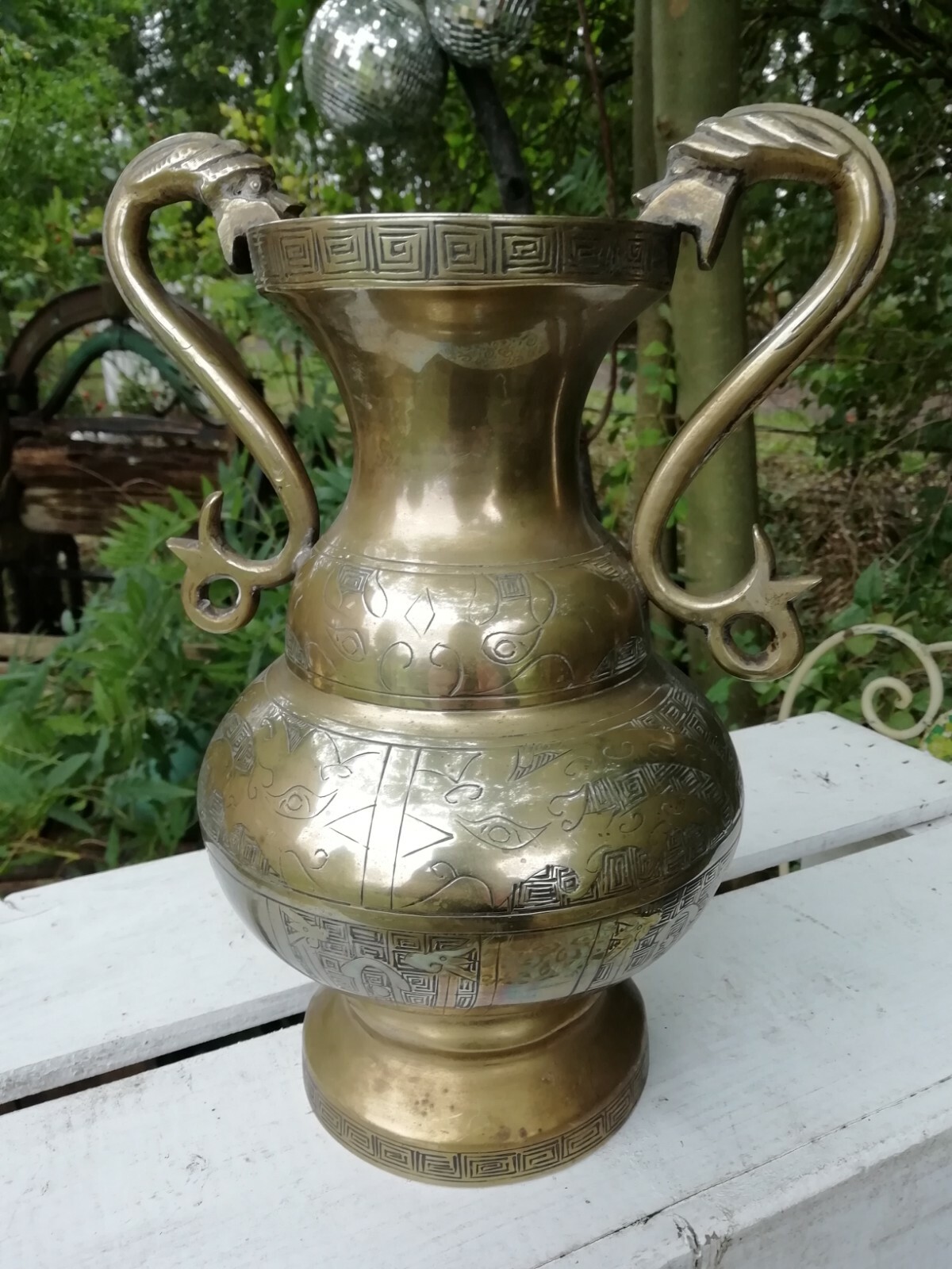 Heavy Antique Chinese Solid Brass Engraved Vase Urn Serpent Handles 2.25 Kilo’s