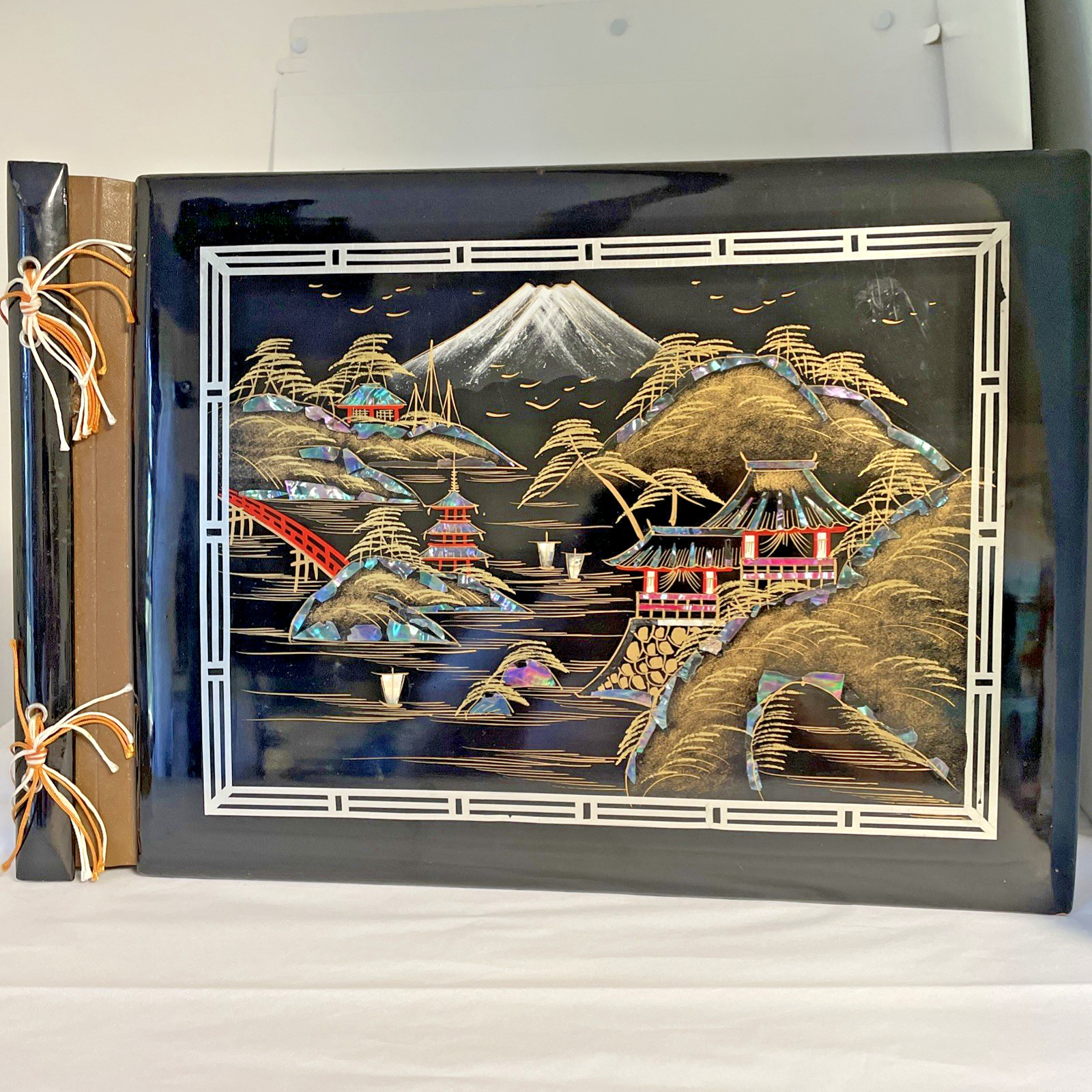 40s Vintage Oriental Photo Album Black Lacquer Wood Cover inlaid mother of pearl