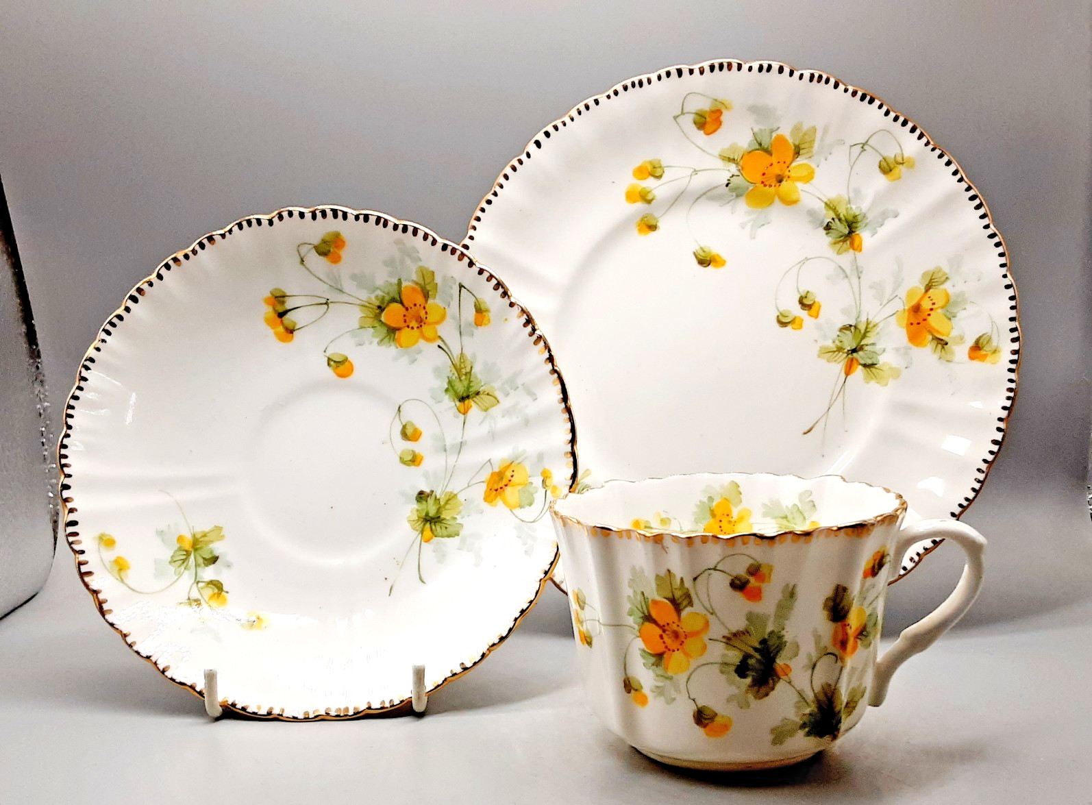Antique English Staffordshire Porcelain Floral Trio – Tea Cup Saucer & Tea Plate