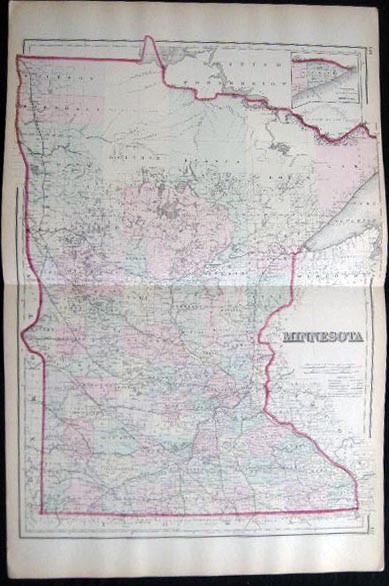 1882 ORIGINAL DOUBLE PAGE MAP OF MINNESOTA HAND COLORED