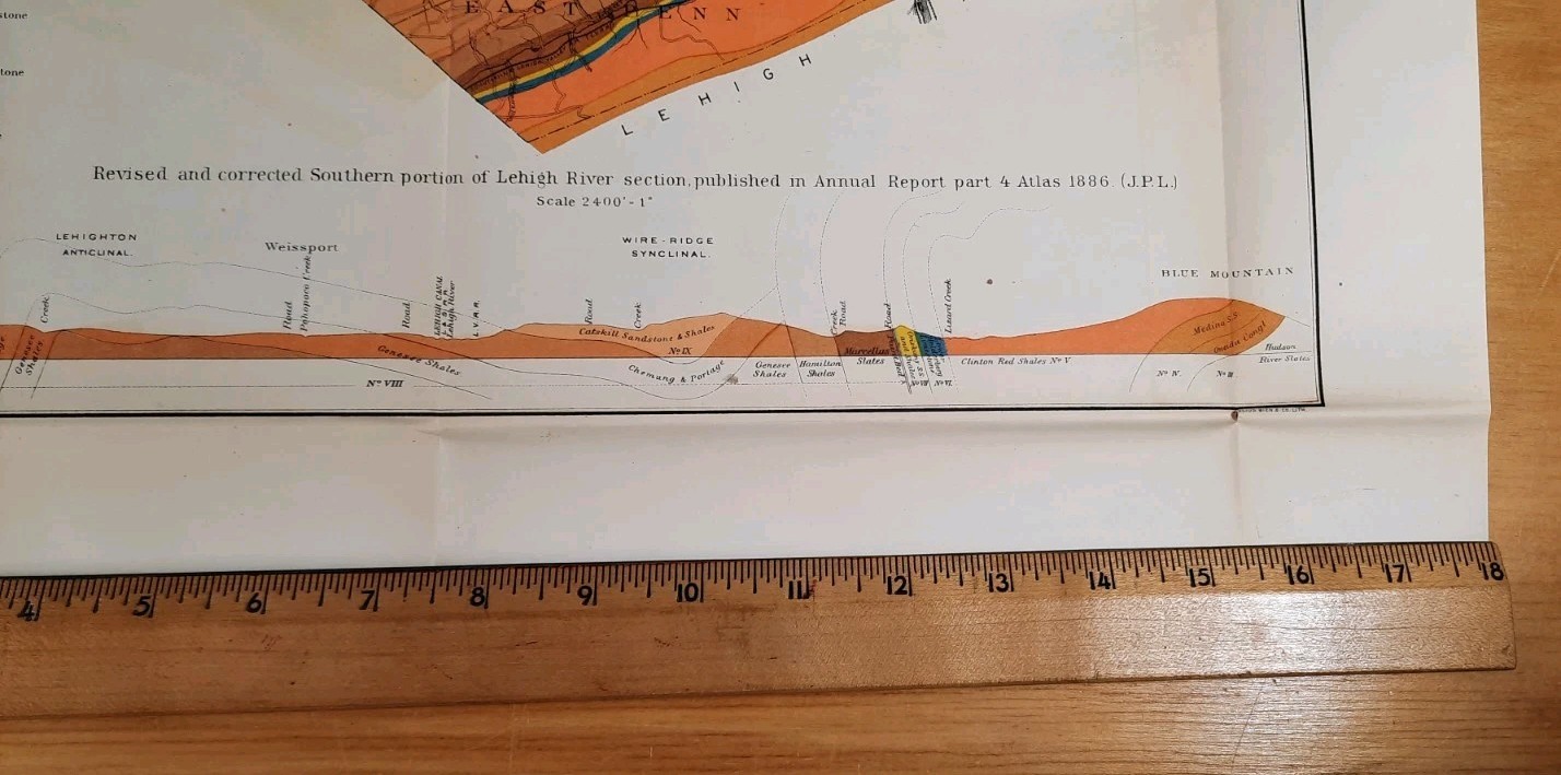 Large Multicolor Antique Geological Map of Carbon County Pennsylvania 1889