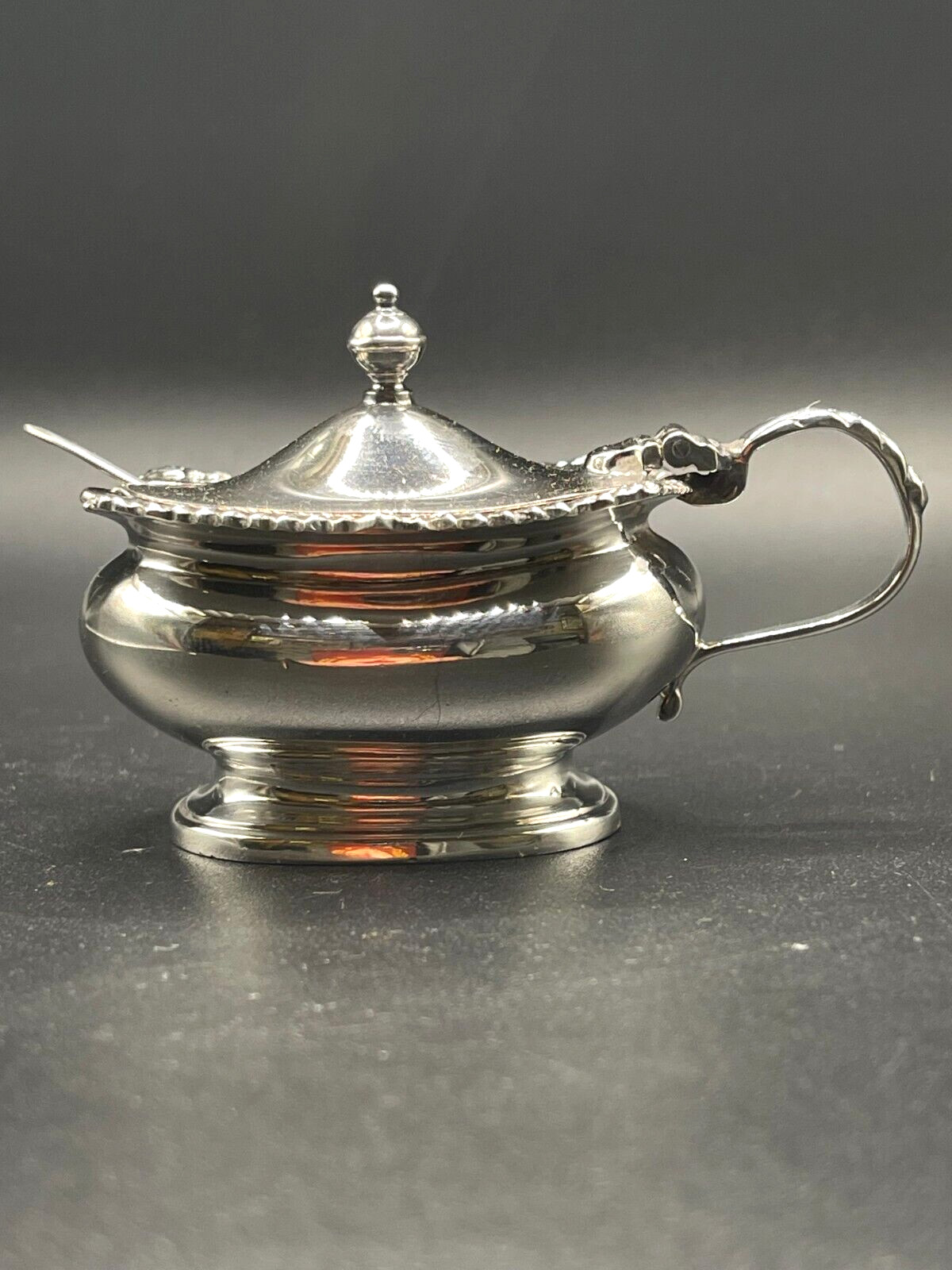 Sterling Silver Condiment Pot with Cobalt Blue Glass Liner & Matching Spoon