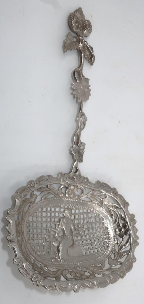 Antique Dutch Silver Bon Bon, Berry, Powder Sugar Shifter Oval Spoon, 7 1/2″