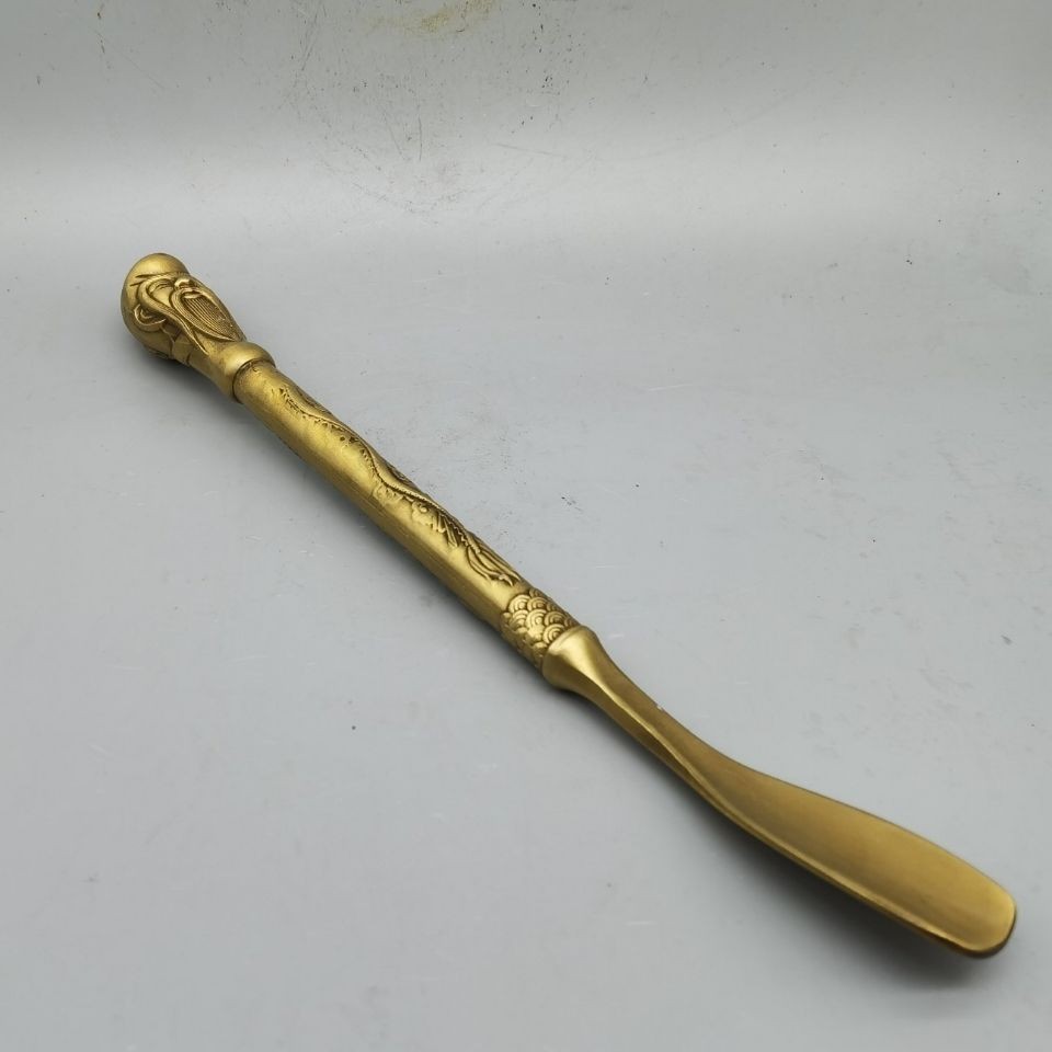 Vintage Style Brass Shoe Horn Chinese Lucky Symbol Long Handle Gift for Elderly