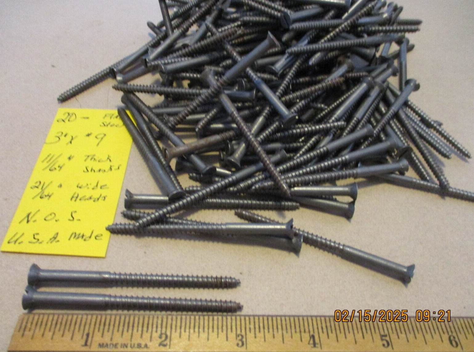 20—NEW-OLD STOCK, SLOTTED FLAT HEAD STEEL WOOD SCREWS 3″ LONG X #9=3/16″