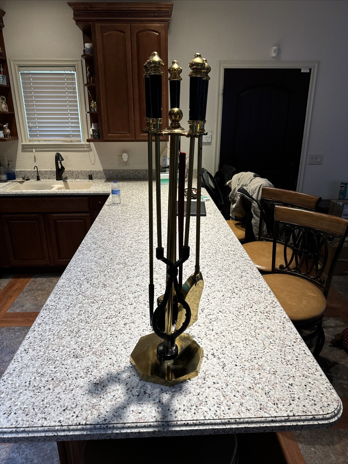 ANTIQUE VINTAGE FINE BLACK MARBLE AND BRASS FIREPLACE TOOLS W/long Lighter