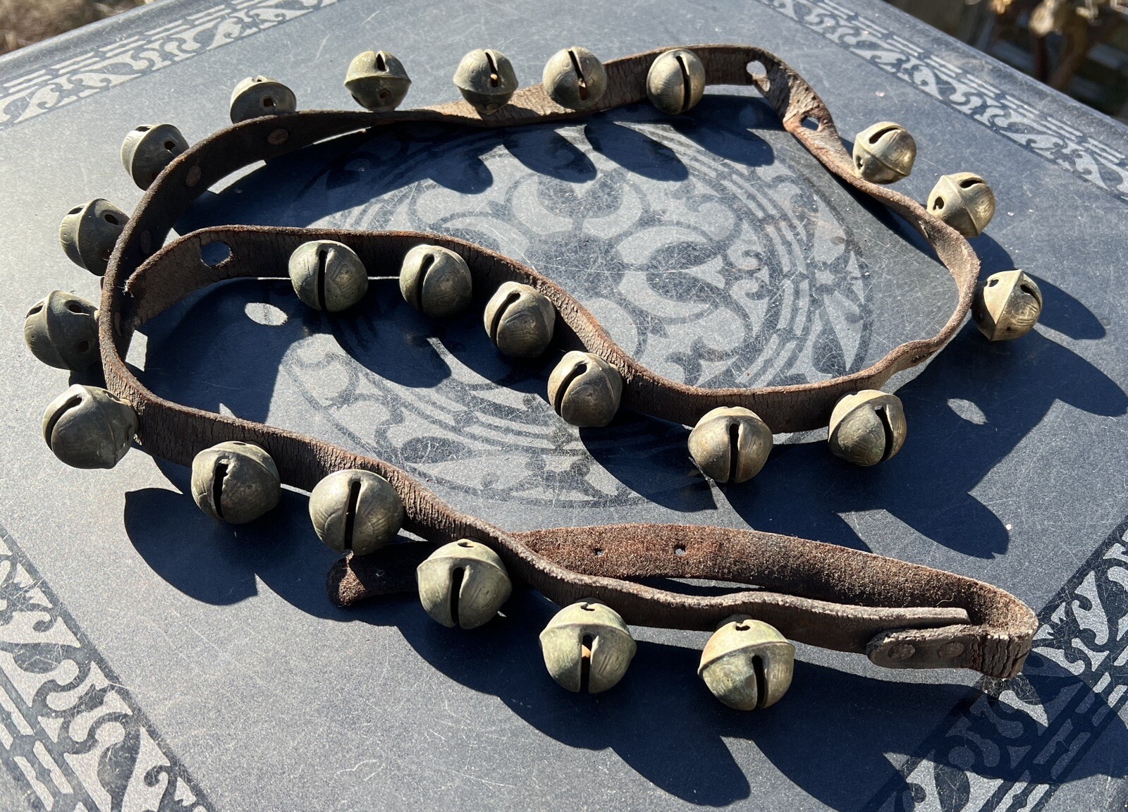 Antique Worn Leather Horse Strap w/ 23 #2 Decorated Brass Sleigh Bells