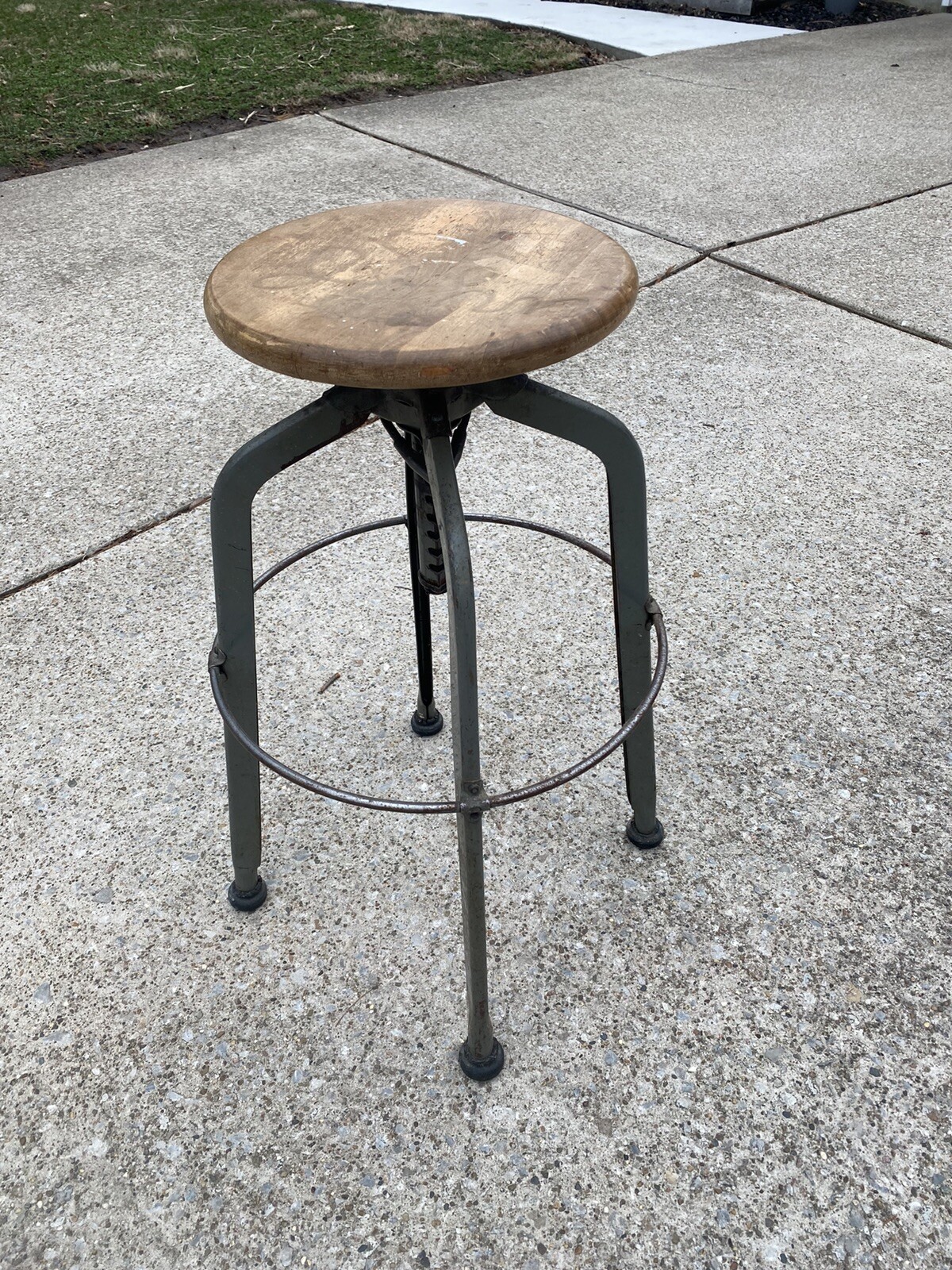 Antique Vintage Metal & Wood Adjustable Drafting Stool