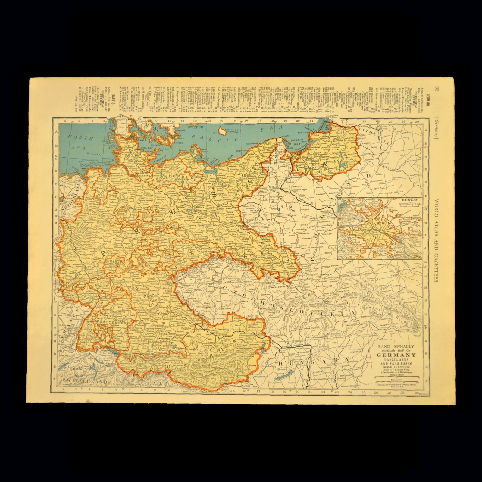 Vintage GERMANY Map Wall Art Old Original Prussia Berlin ca 1939 Pre War