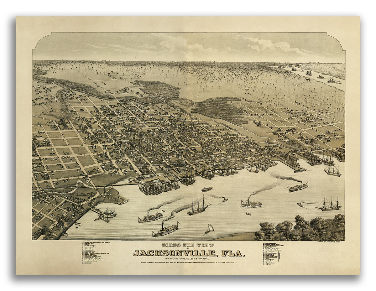 1876 Jacksonville Florida Vintage Old Panoramic City Map – 18×24