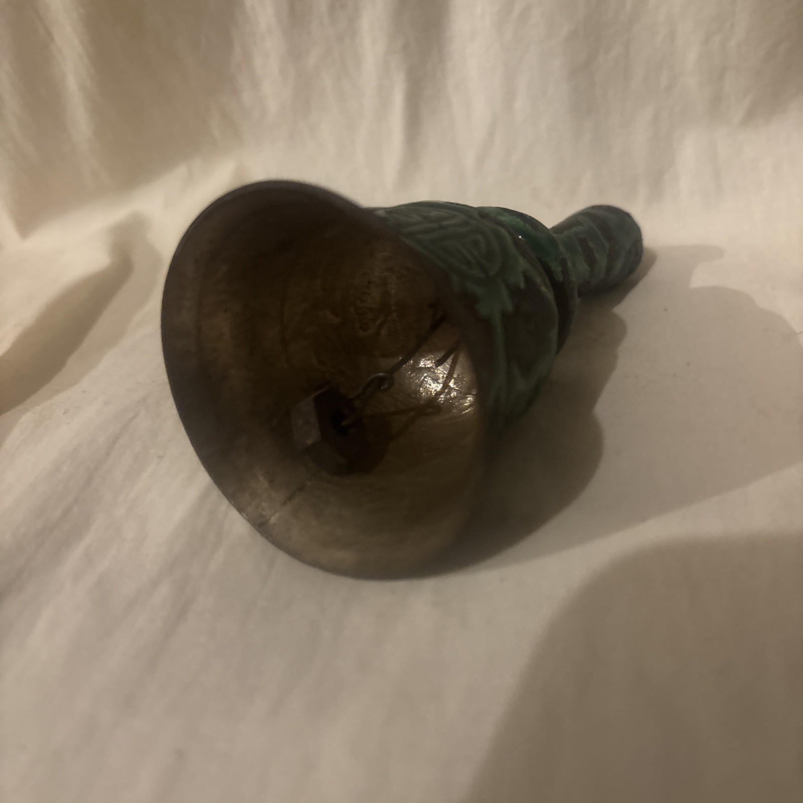 Antique Chinese Enameled Metal Hand Bell-made of silvered copper or brass,