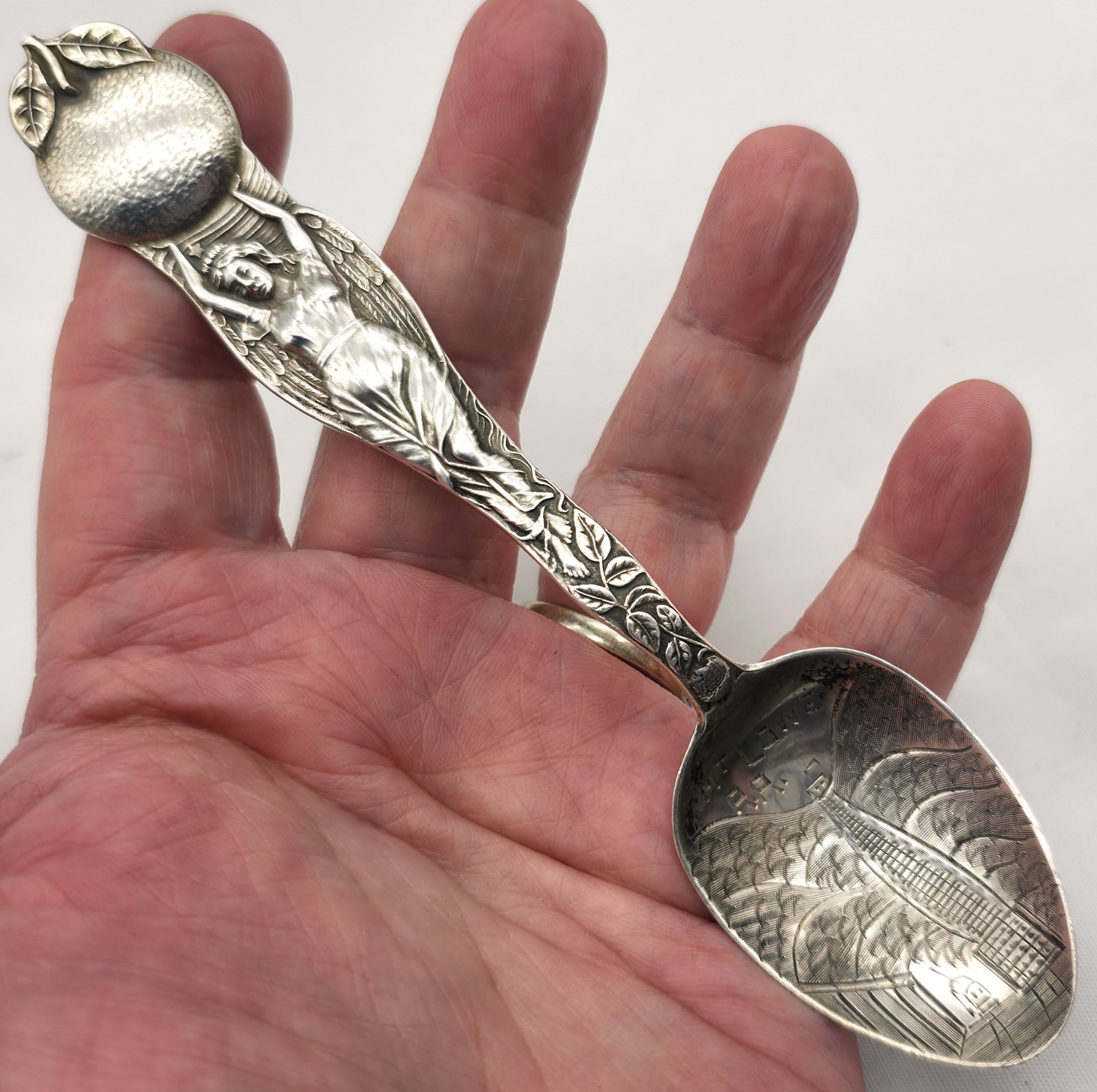 Sterling Silver Souvenir Spoon Art Nouveau Lady & Giant Orange Mt. Lowe R.R.