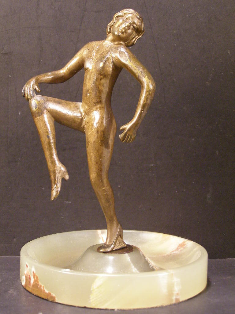 20’s Bronze &Onyx Nude Dancing Girl Woman Statue Lady Figure Sculpture Dish Tray