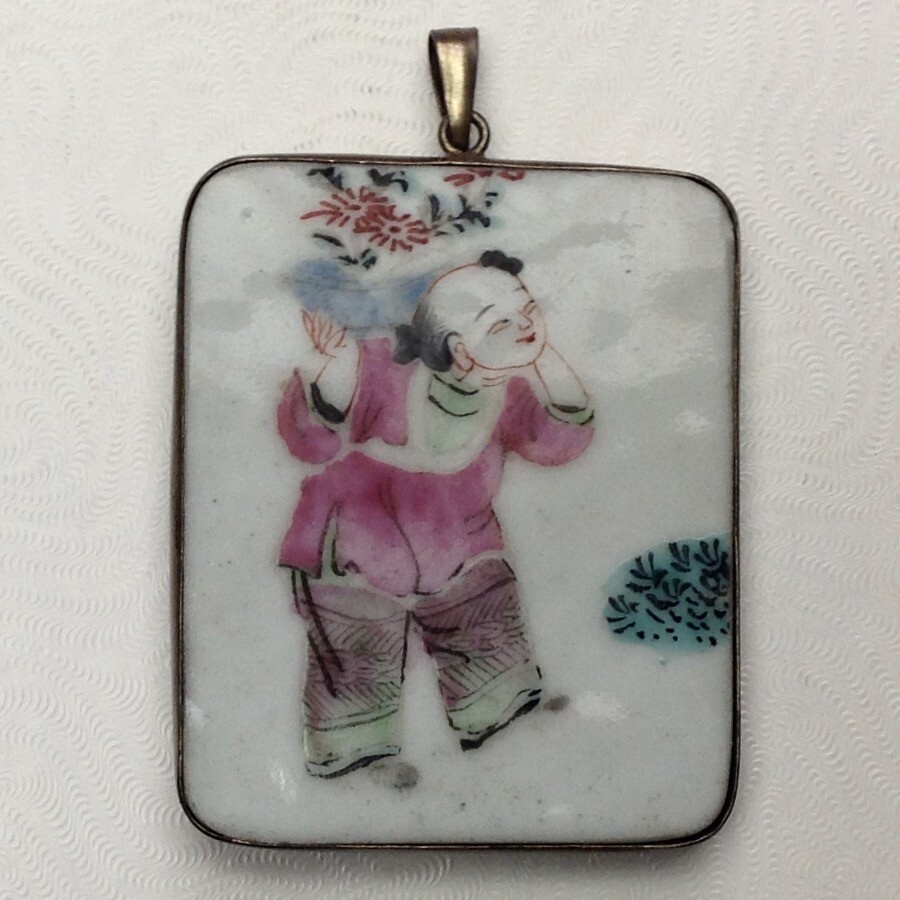 ~China Qing Dynasty Antique Porcelain .925 Shard Pendant w/ Red Export Seal