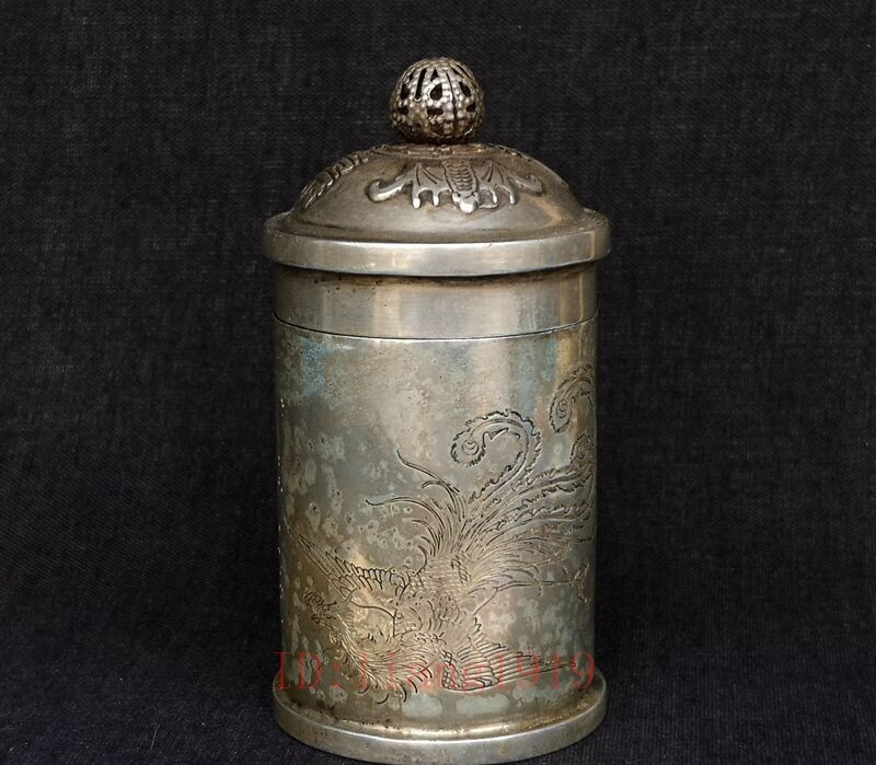 Collected Chinese Tibet Silver Carvings Dragon Phenix Bat Inlay Toothpick Bucket