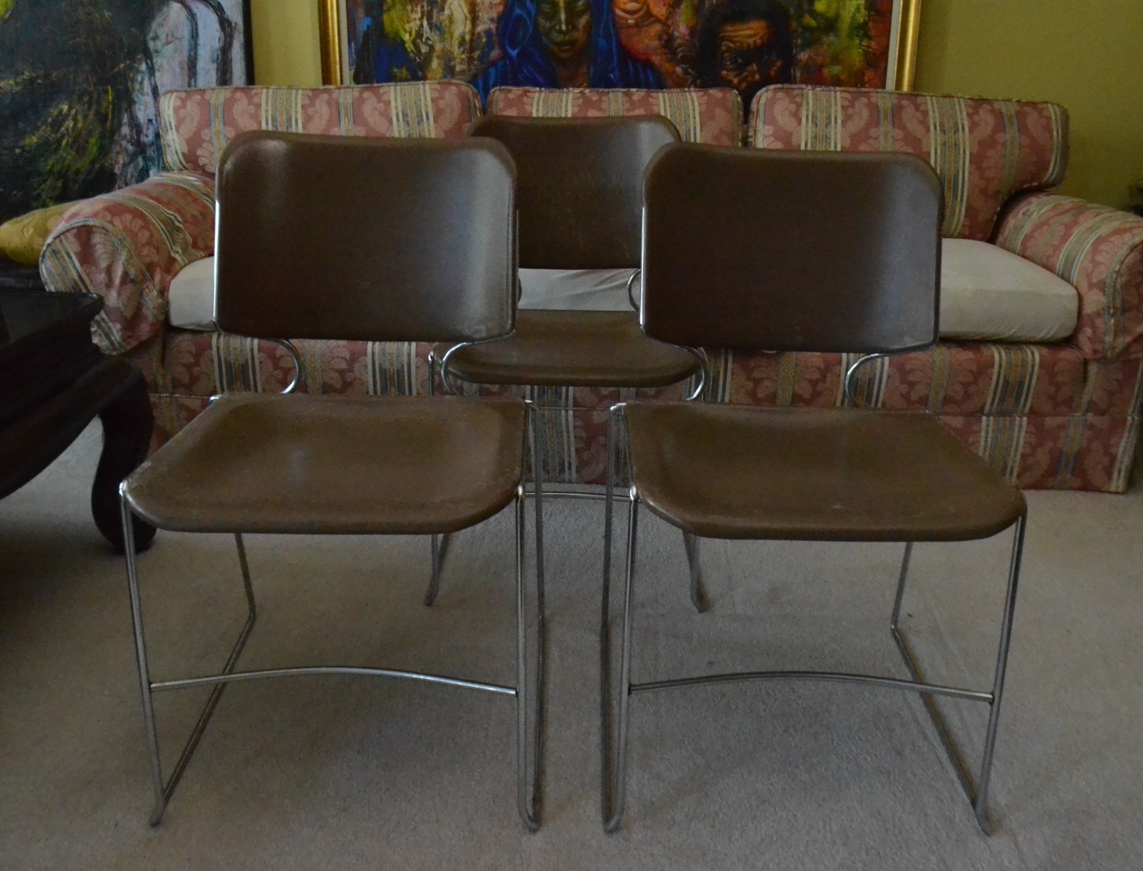 Vintage MCM Brown Chairs Steelcase Style Three Chrome Stackable Atomic