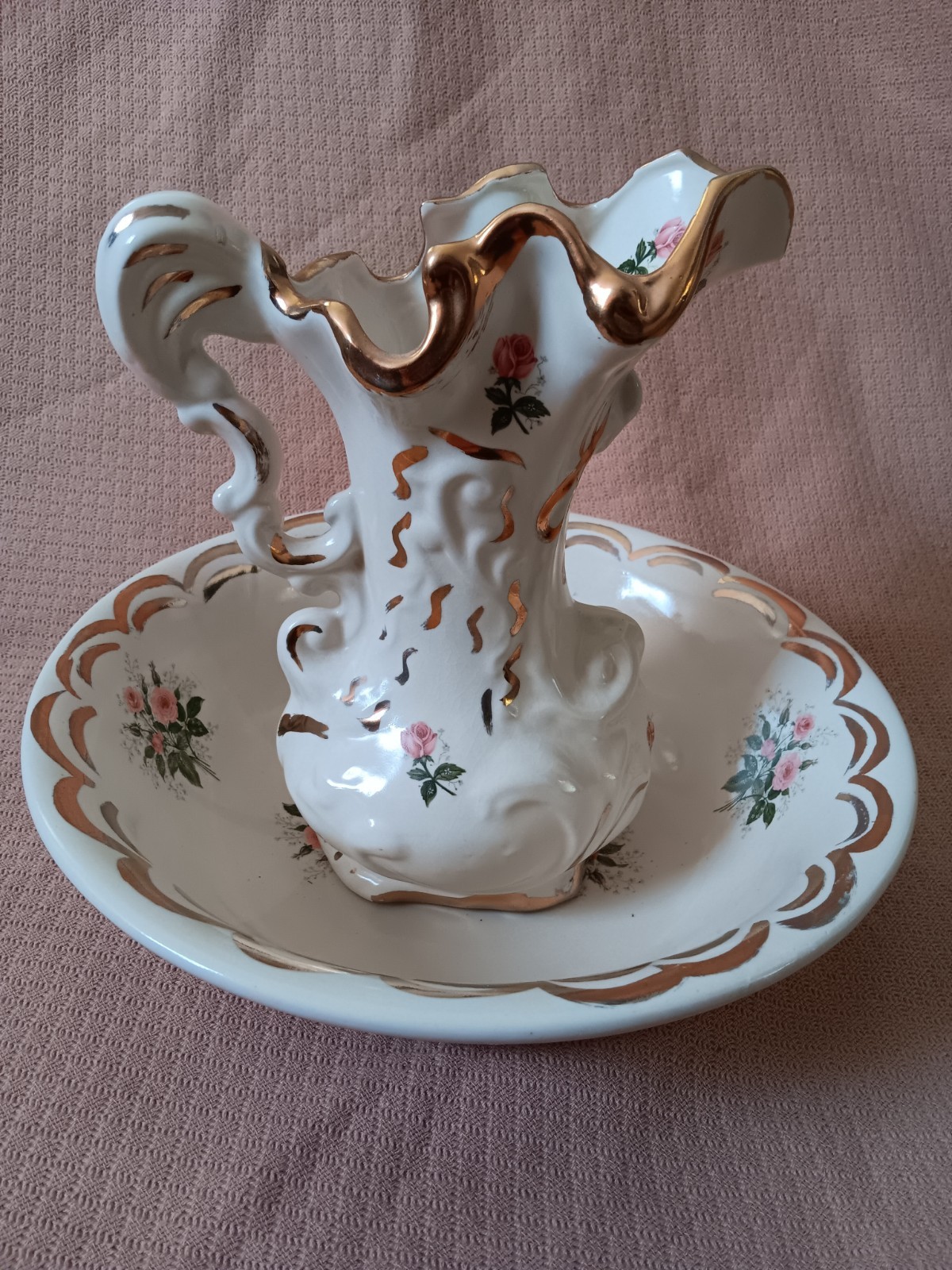 Antique 1900s Rose And Gold Brush Stroke Wash Basin and Pitcher