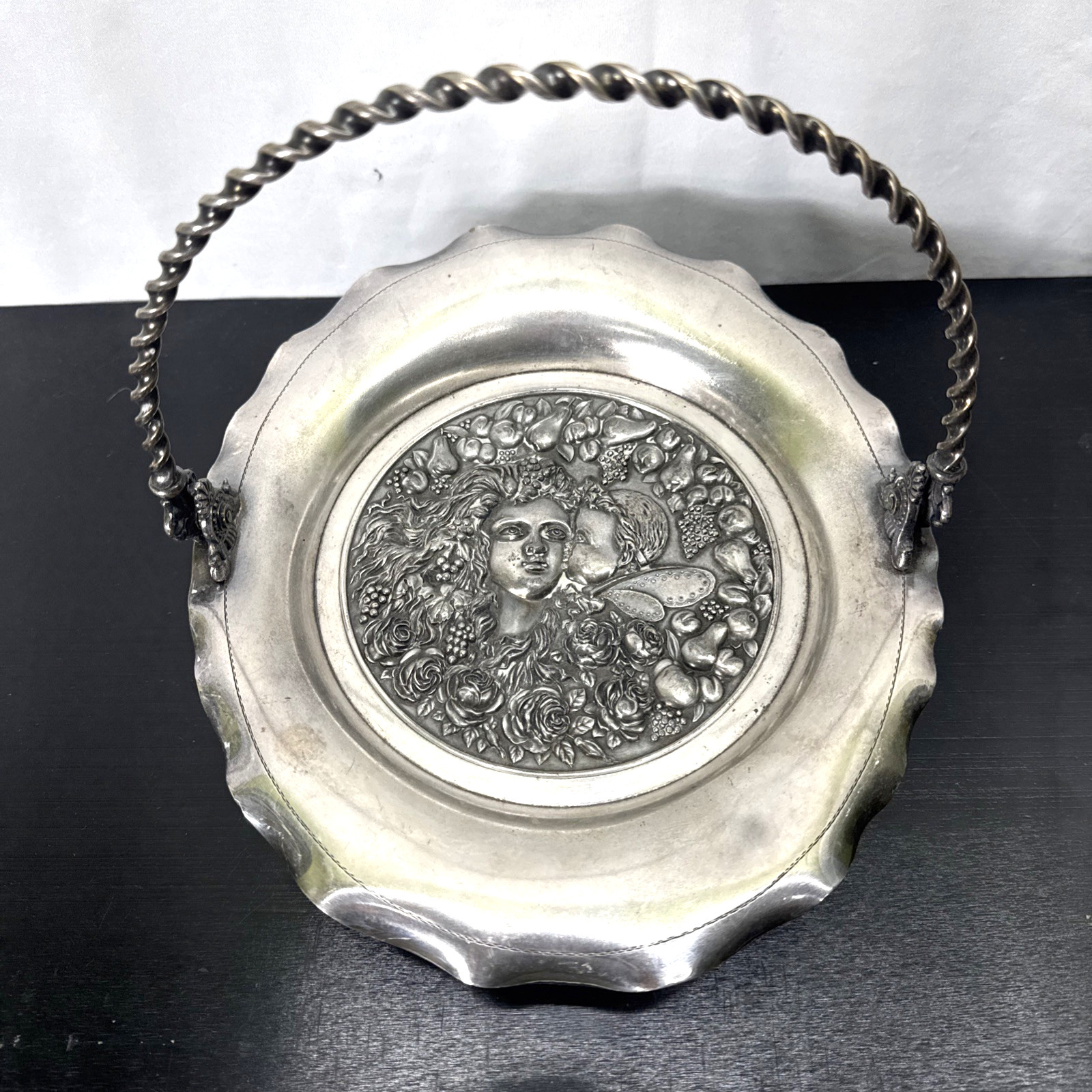 Art Nouveau Silver Plate Basket Woman Child Fruit Embossed James Tuft