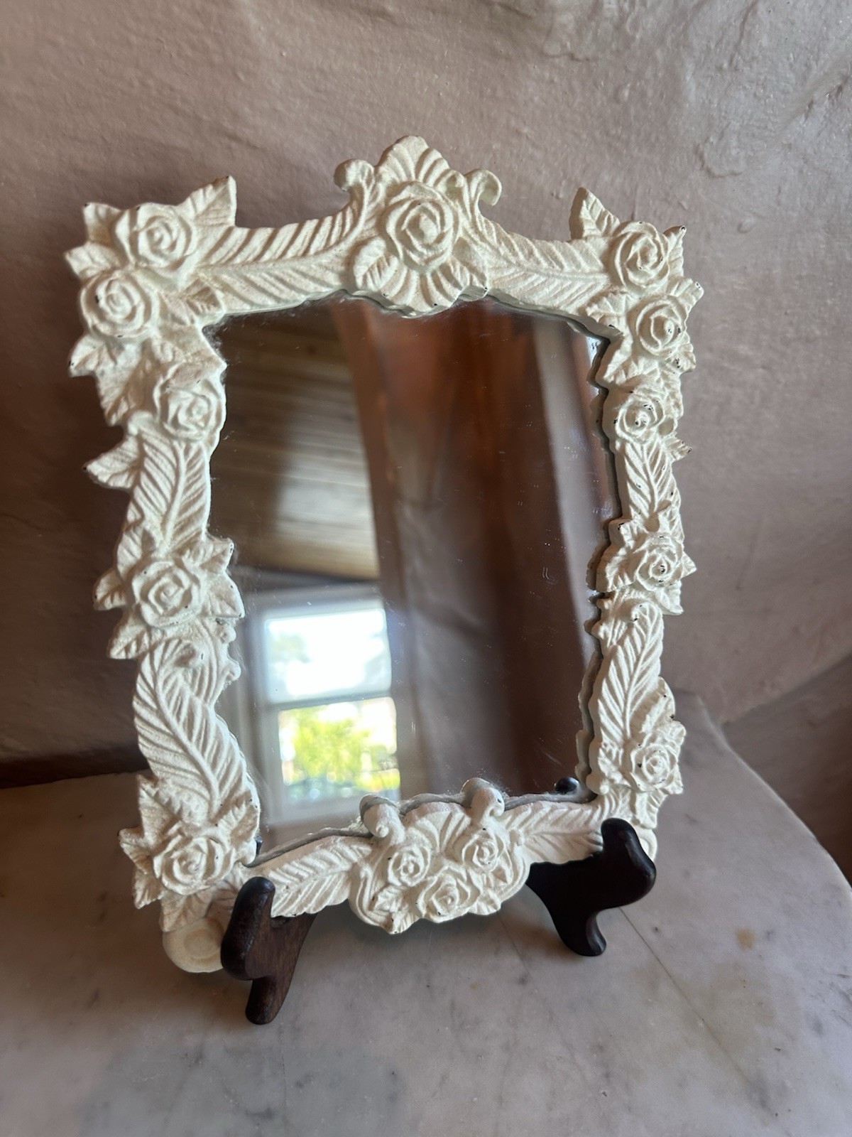 Vintage White Cast Iron Floral Frame Mirror