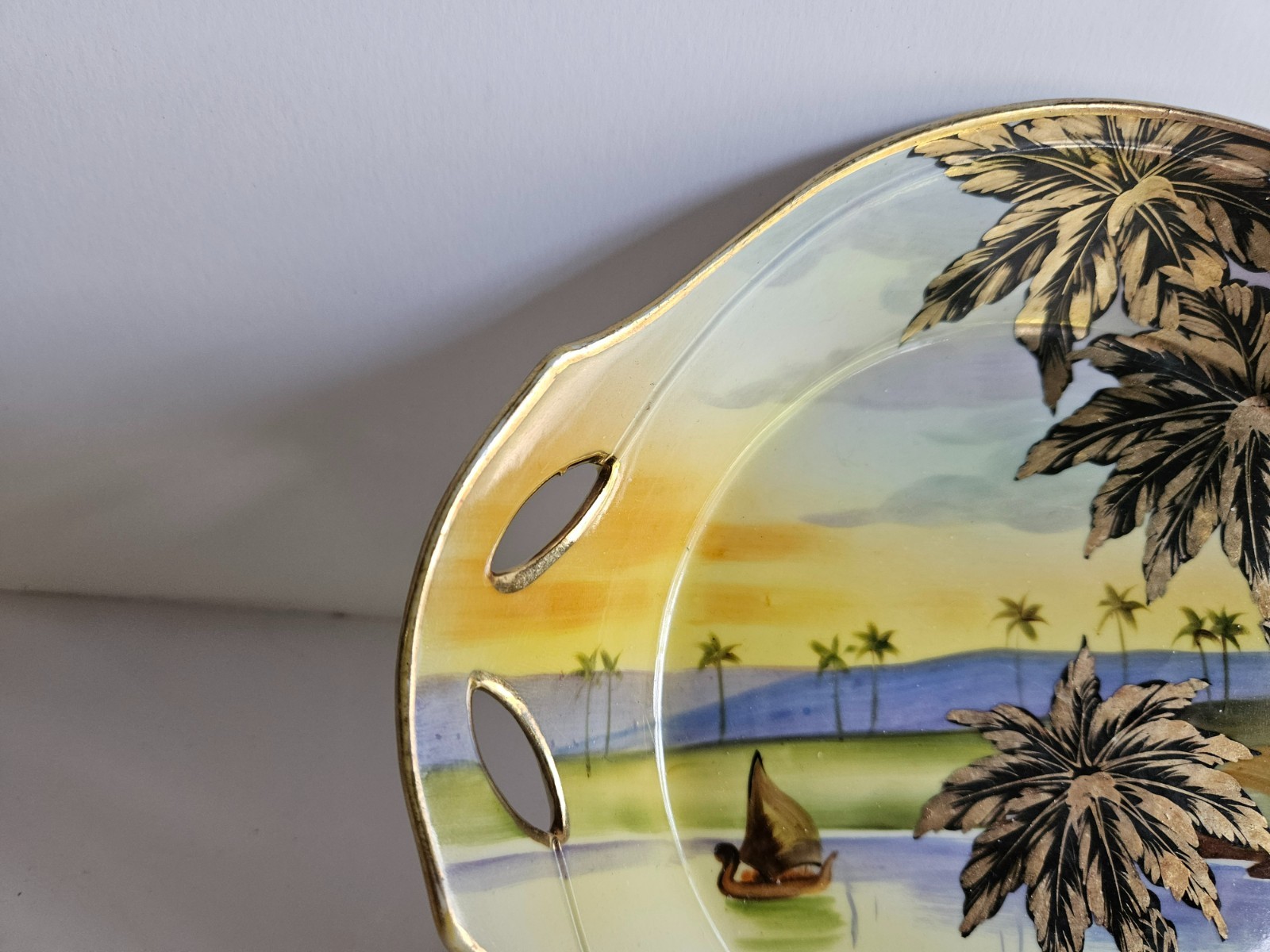 Antique Nippon Morimura Hand Painted Waterscape Gold Palm Trees Bowl 7 1/2 “