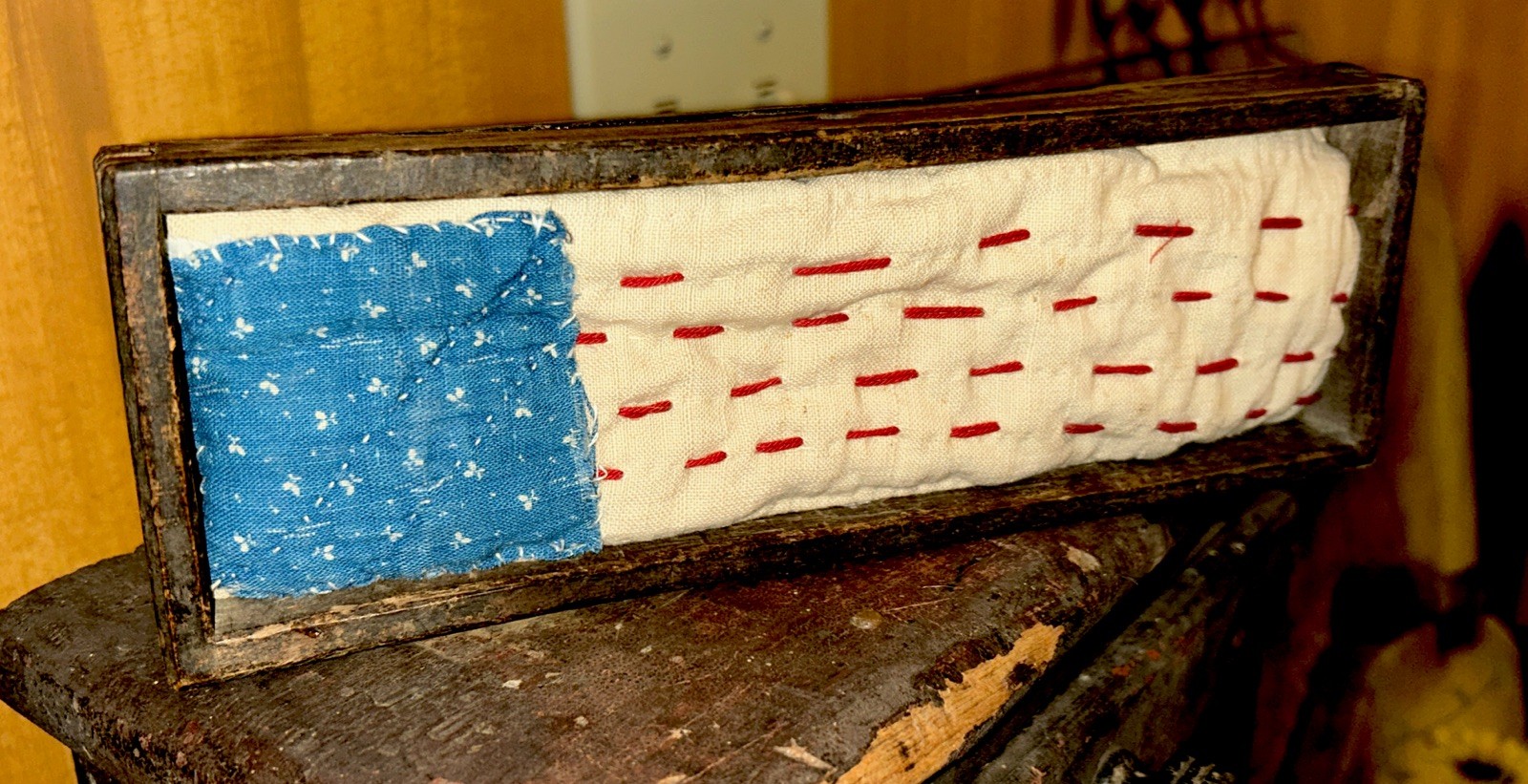 Old Wooden Box USA Flag Handmade Quilt Backing Early Blue Calico Americana