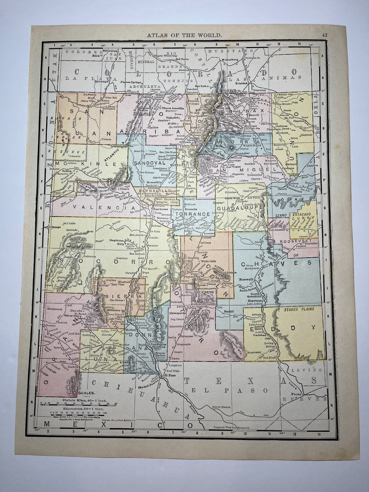 1895 / 1910 “Full Color” NEW MEXICO Map fm 1911 New Census Atlas SEE DESCRIP