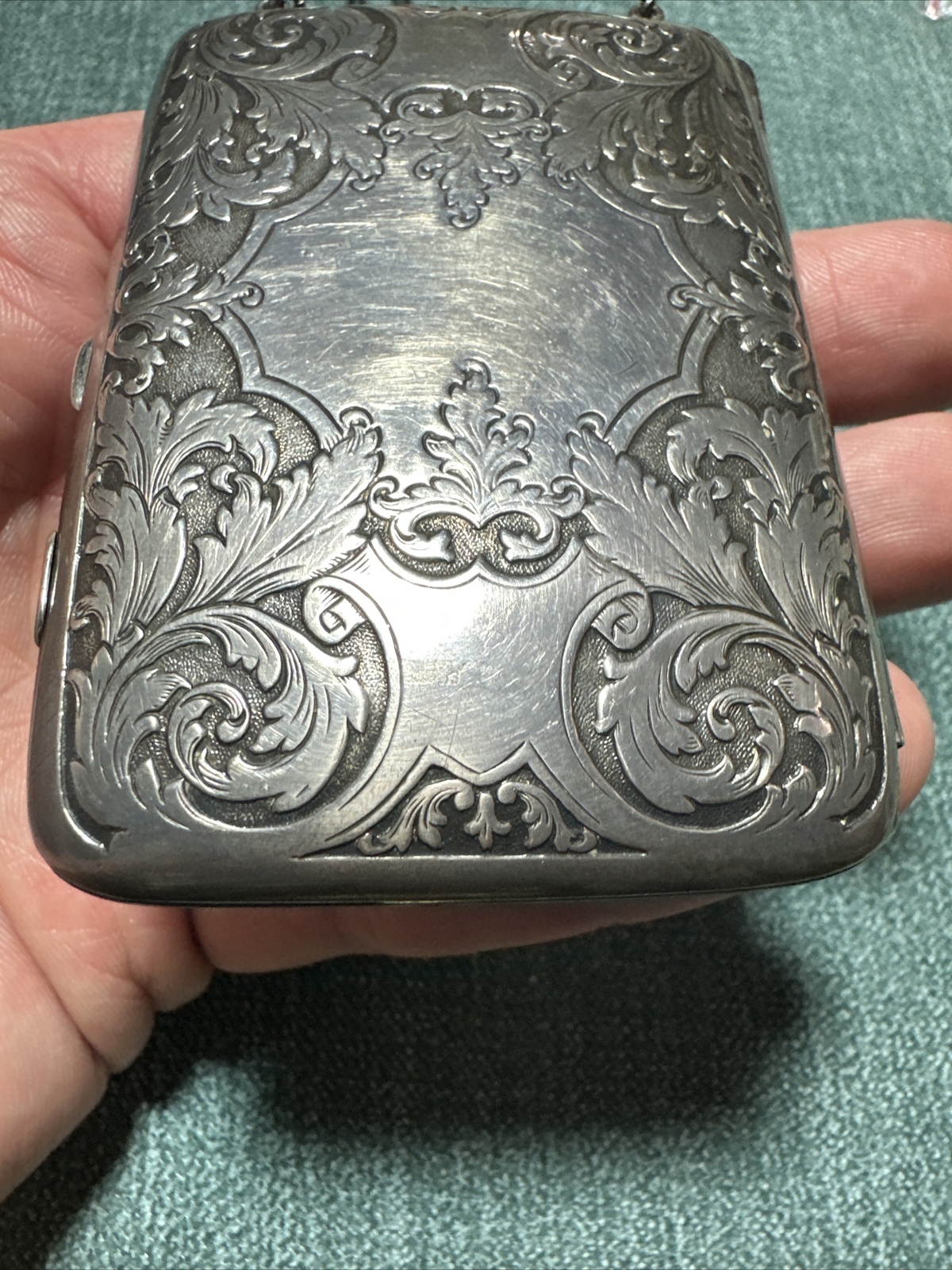 Antique Engraved Sterling Silver Mirror Card Coin Purse Compact Case