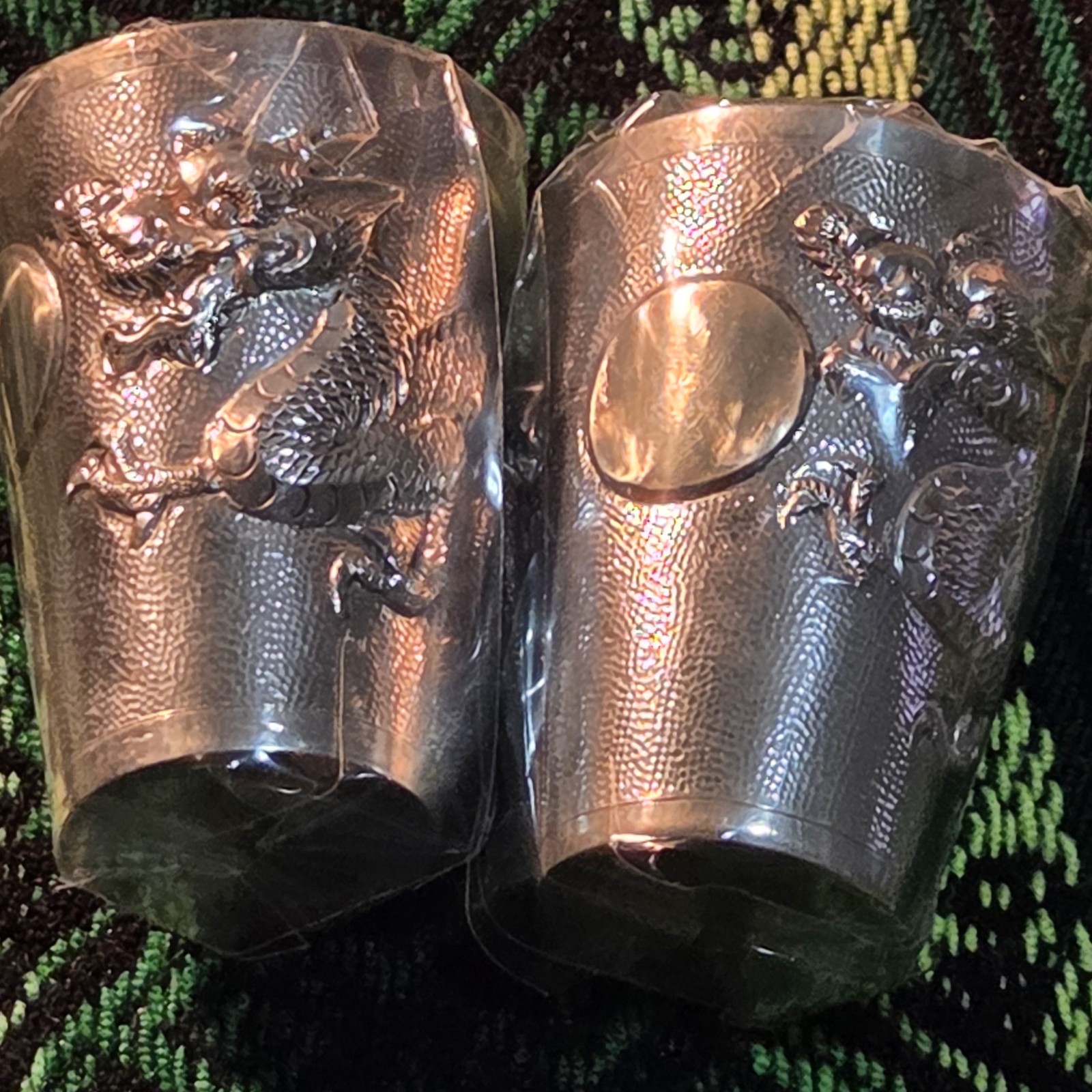 Silver Lunar Dragon/Pearl High Relief Shot Glasses Hallmarked Zeesung 1900s