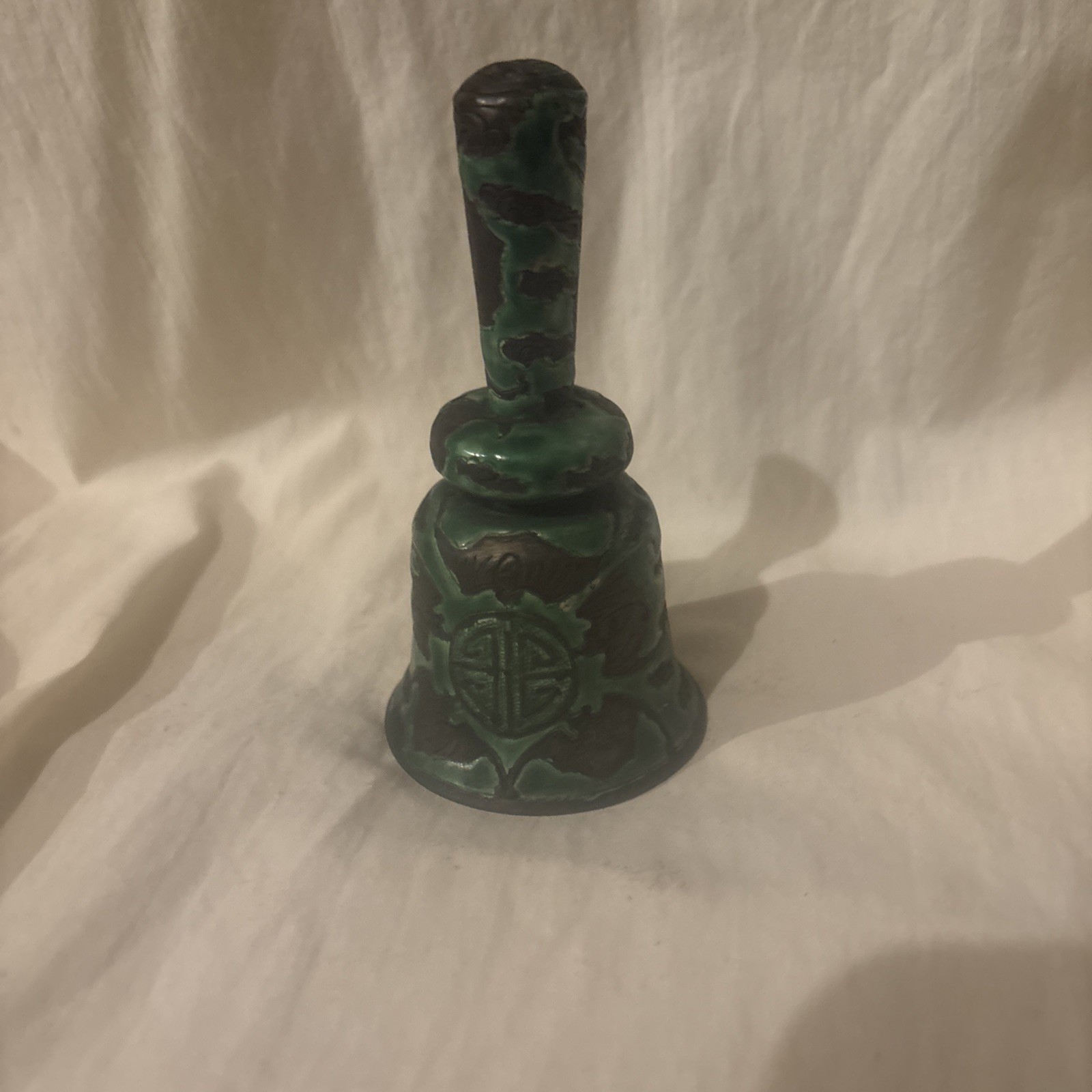 Antique Chinese Enameled Metal Hand Bell-made of silvered copper or brass,