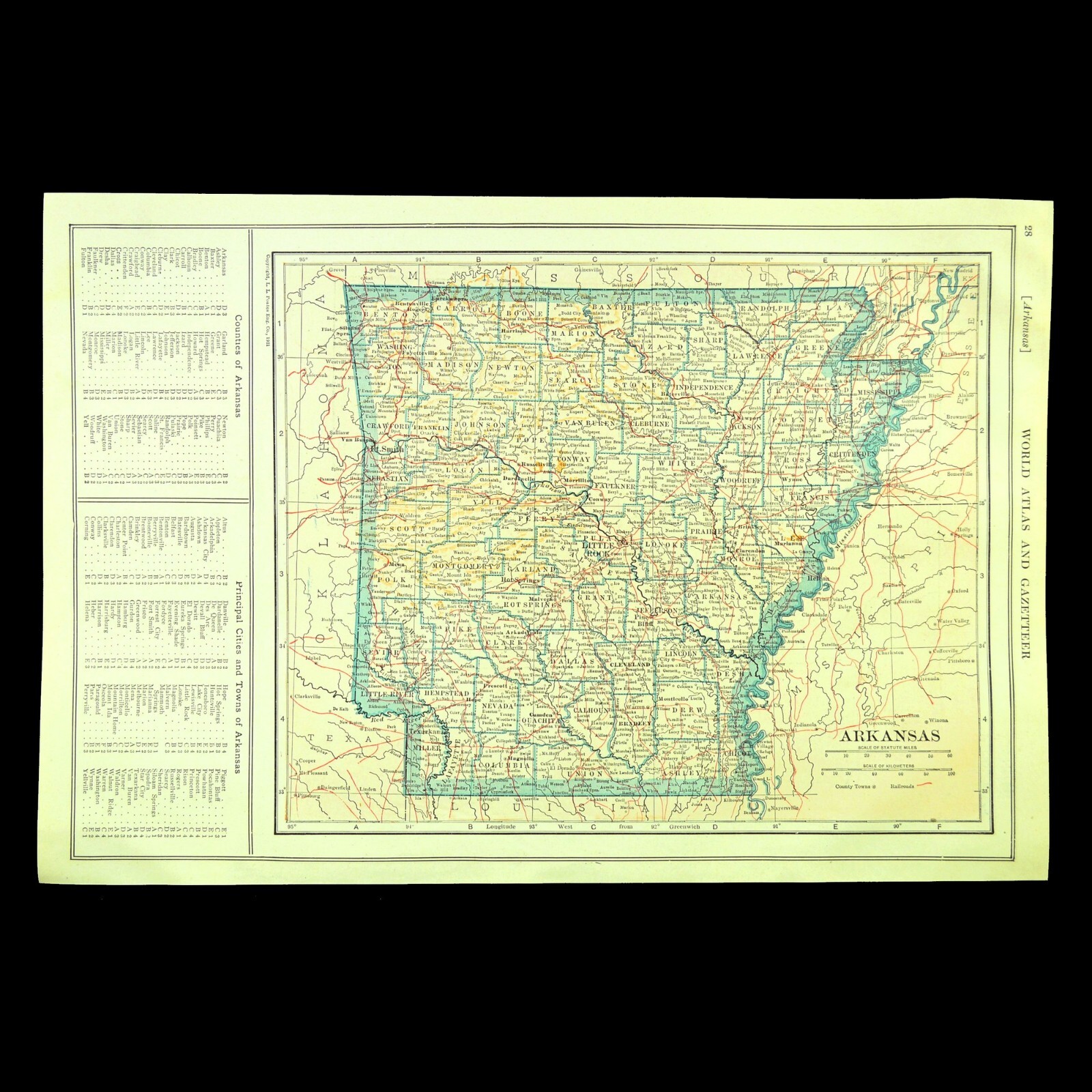 Vintage ARKANSAS Map Wall Art Old Original Little Rock Antique DATED 1921