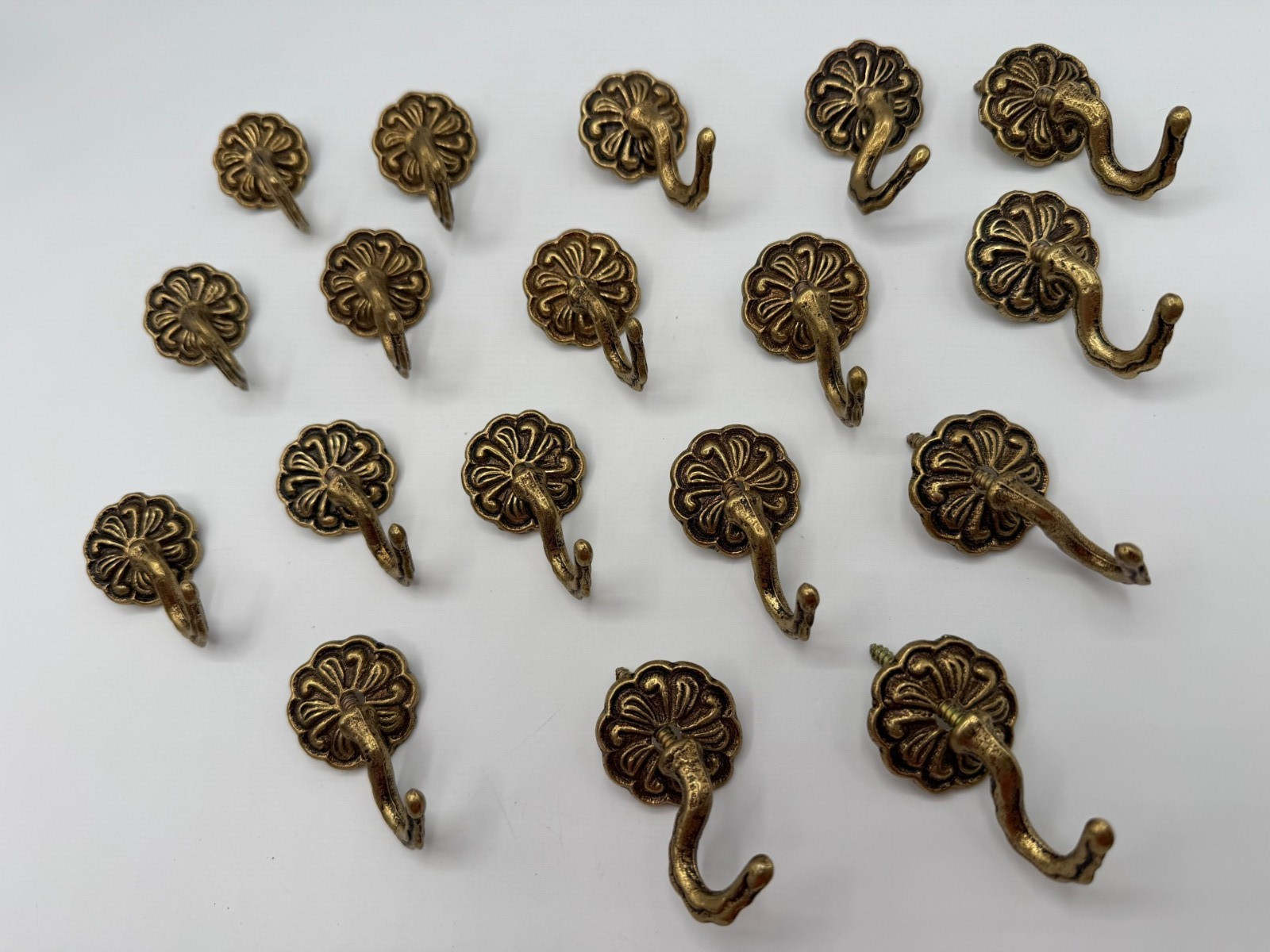 18 Vintage Antique Brass Finish Ceiling or Wall Ornate Hooks with Backplates