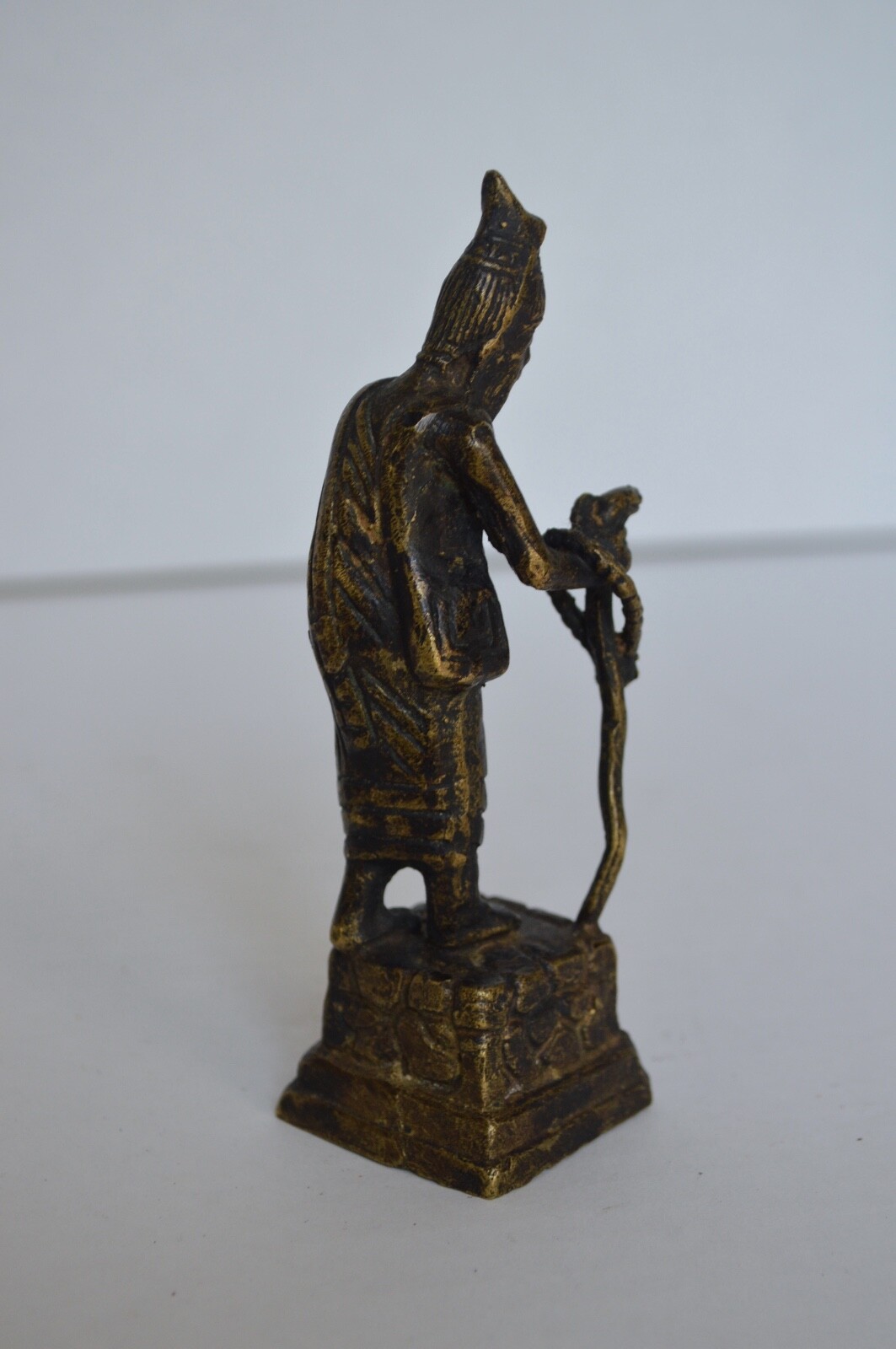 Antique Bronze Chinese Statue Man Using Snake As A Kane.