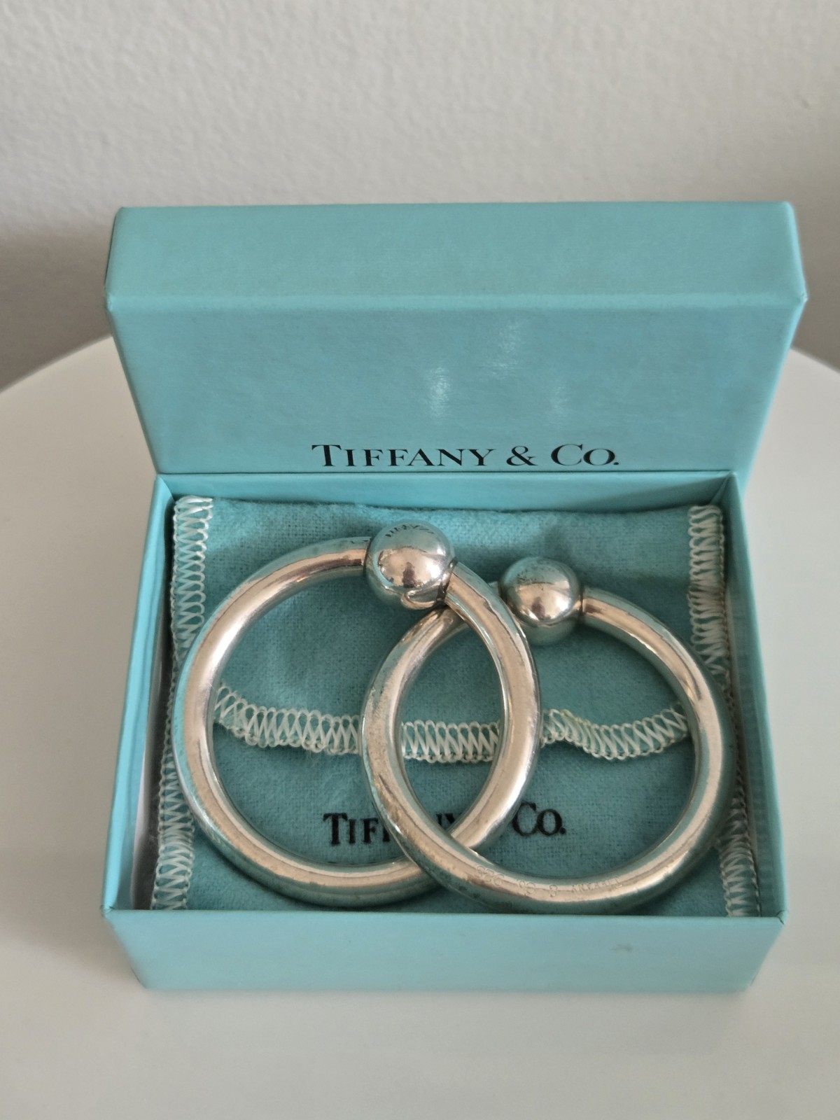 Tiffany & Co Double Ring Baby Rattle Sterling Silver .925 Box and Pouch Vintage