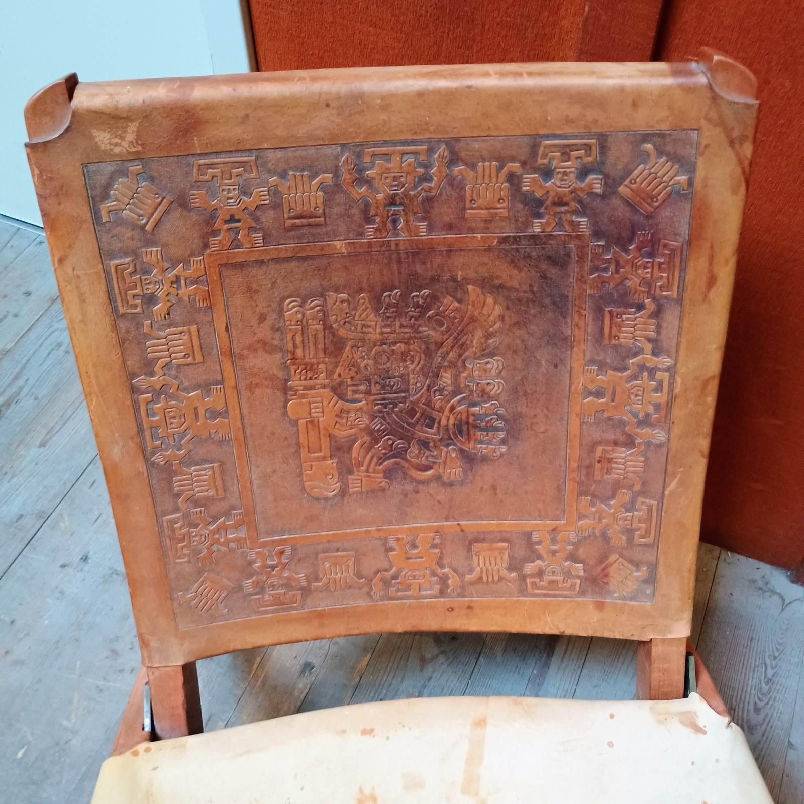 Vintage MCM Tooled Leather Folding Safari Chairs Aztec Mayan Sun God Pair