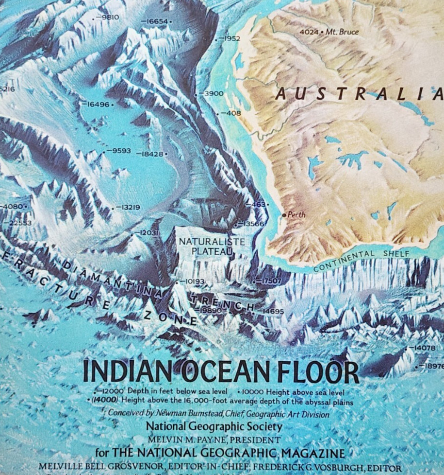 1967 Indian Ocean Floor Map National Geographic Antique 24.75 x 19″ F13H