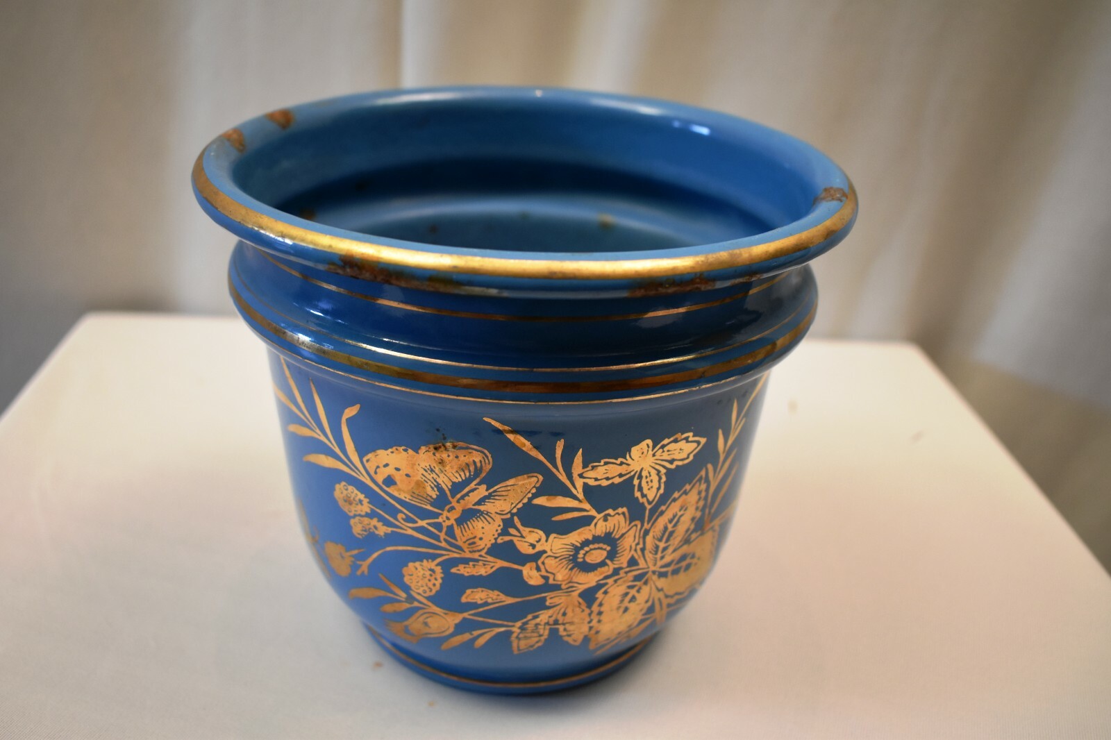 Vintage Czech Enamel Planter Sky Blue Gilt Floral Art Deco Metal Vase Decor “R4