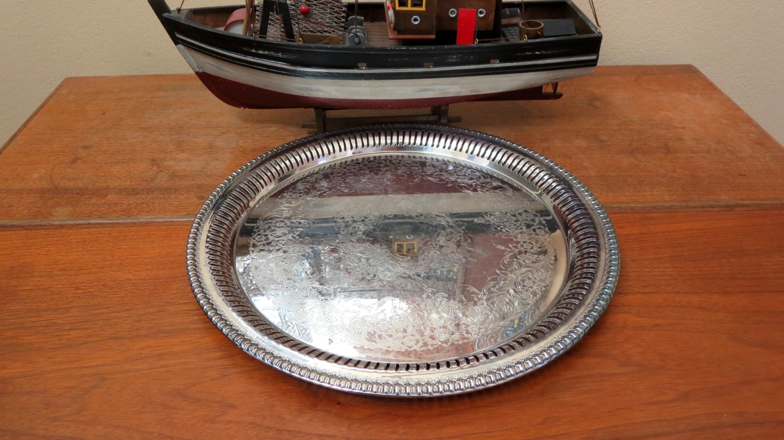 Vintage 14 inch ……Round. Silver Plated Ornate Serving Platter –