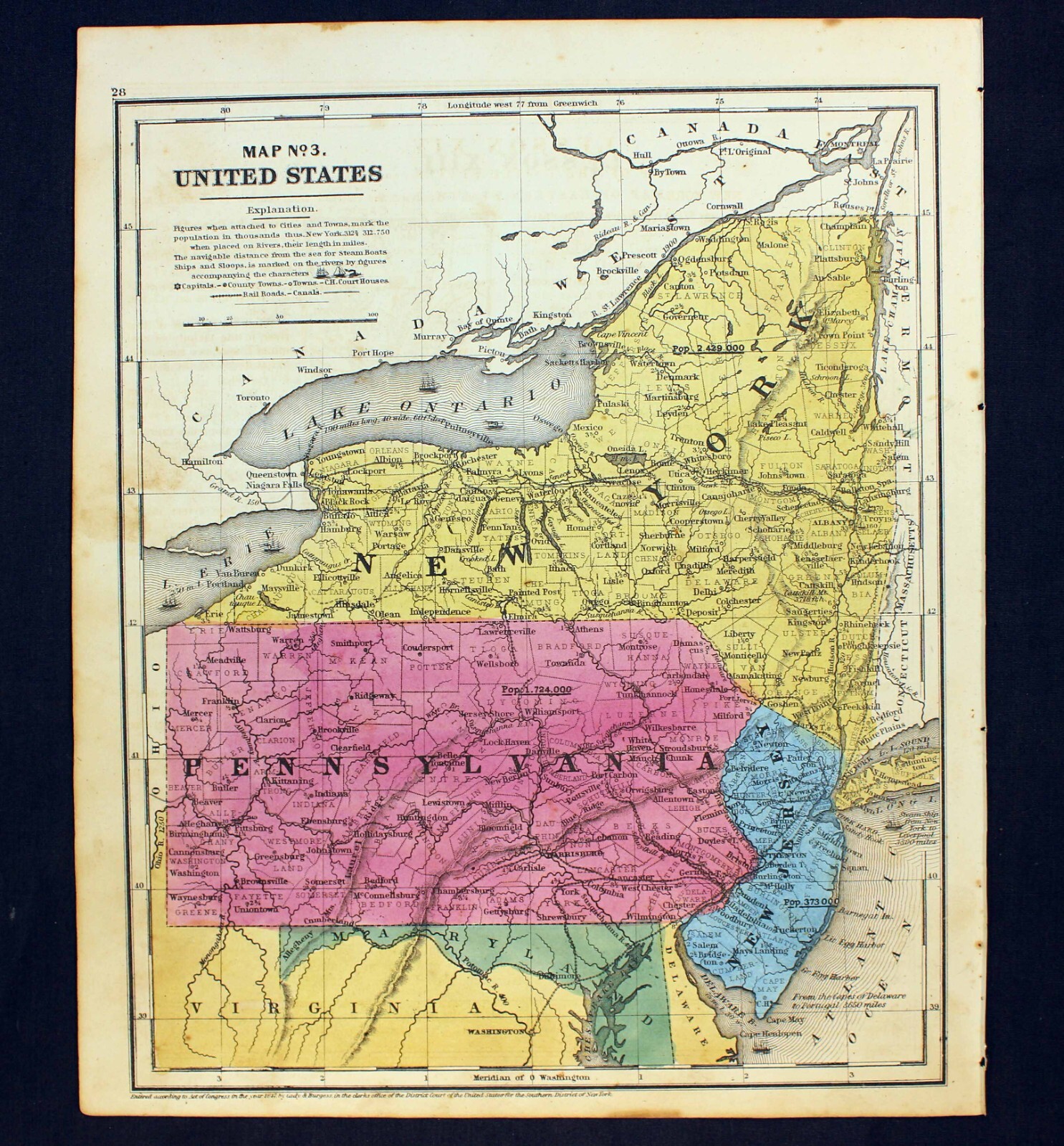 1848 Map New York Pennsylvania New Jersey Steel Engraving Hand Colored
