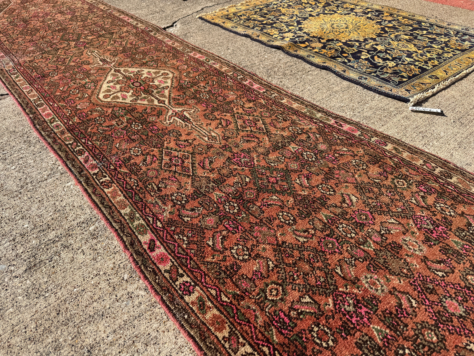 2×13 VINTAGE RUNNER RUG handmade rust pink green persimmon long ANTIQUE 3×13 ft