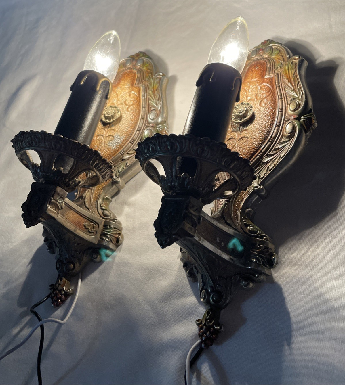 REWIRED Pair Antique Vtg Polychrome Wall Sconces Arts & Crafts, Deco 1920s 1930s