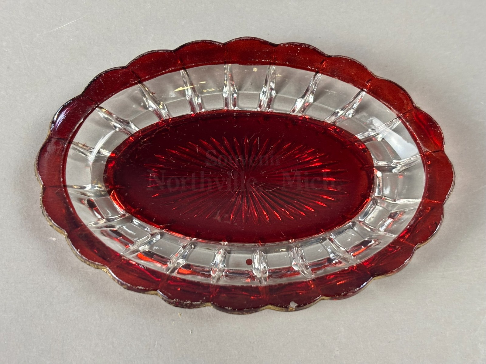 #512 Antique NORTHVILLE Michigan Ruby Red Flash Souvenir Glass CANDY DISH