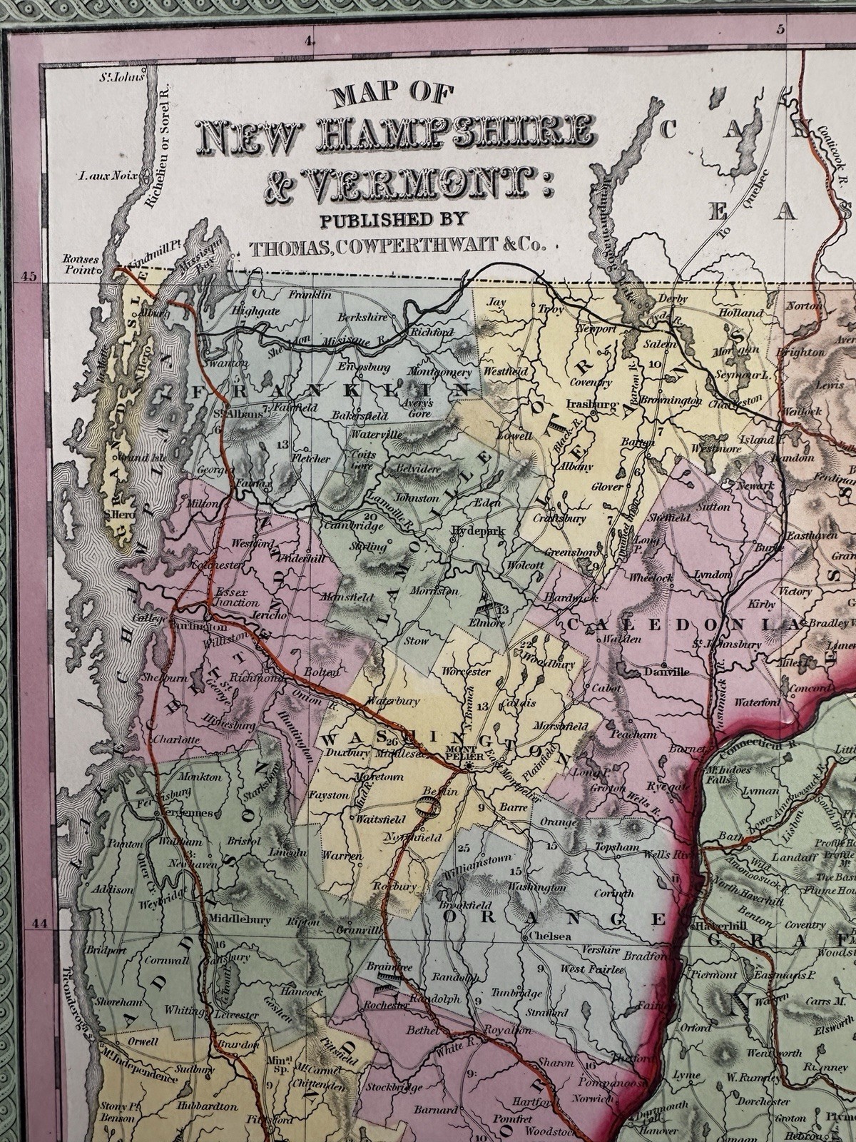 Vermont & New Hampshire 1855 Cowperthwait lovely hand colored map