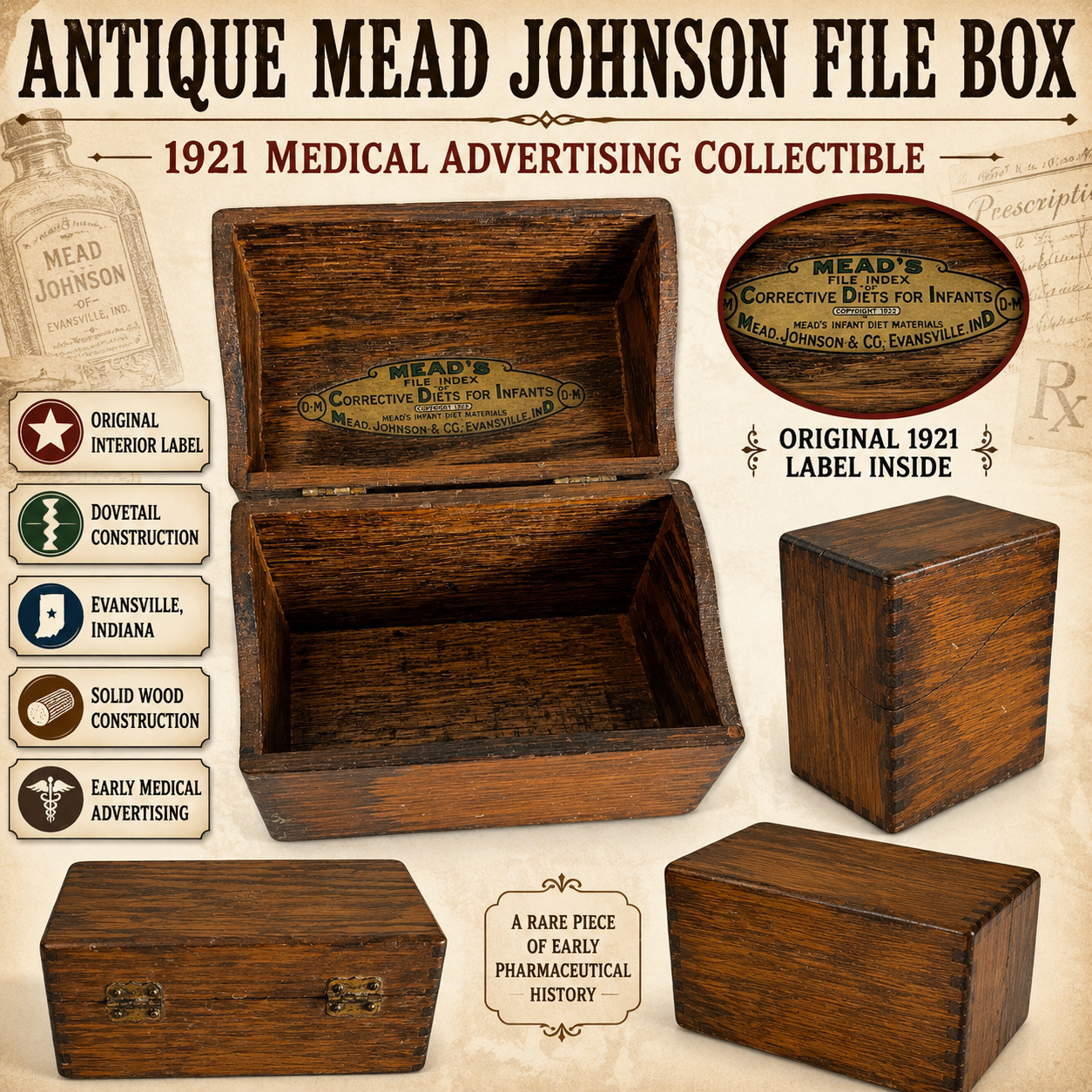 1900 Mead’s Oak Dovetail Recipe File Box with Hinged Lid for Infants Org Label