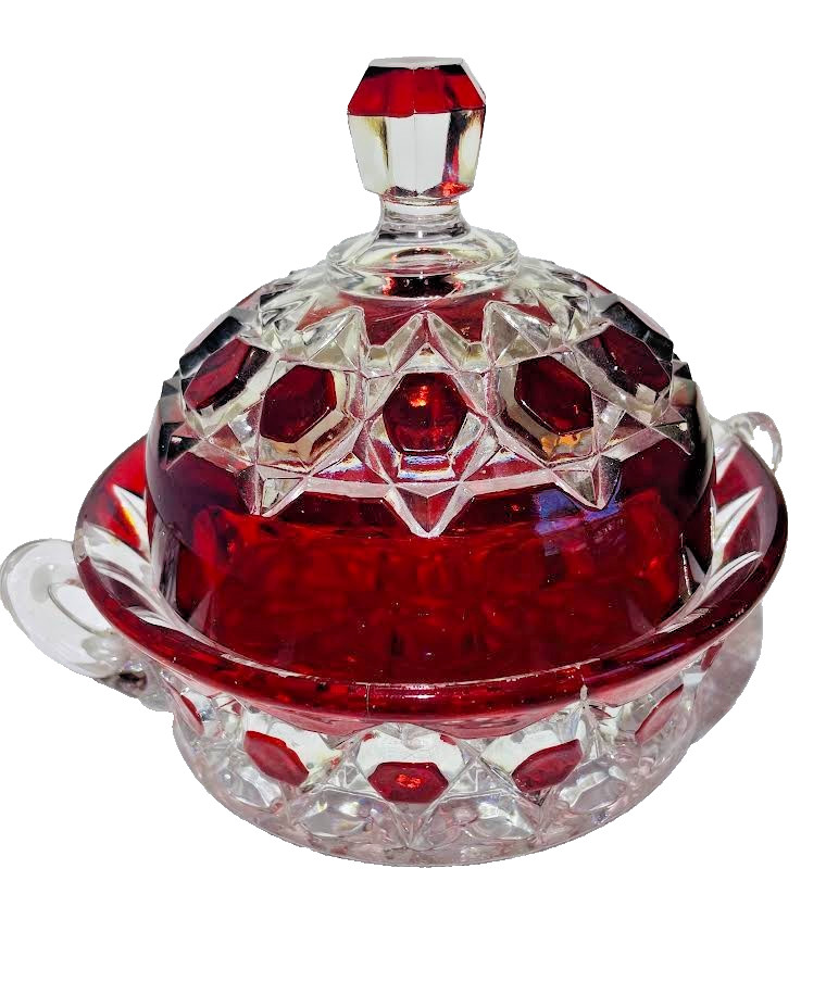 EAPG CLEAR with ruby stain BRYCE “RED BLOCK” COVERED BUTTER DISH 1890’s Doyal Co