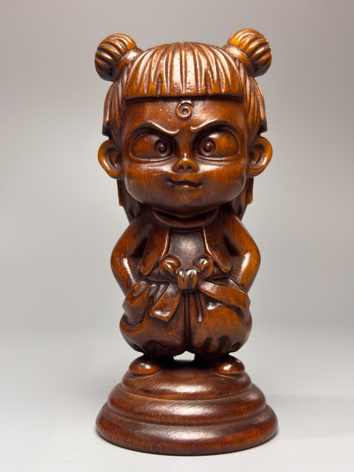 4” China Exquisite Boxwood Handmade Carved Nezha Figures Statue W484