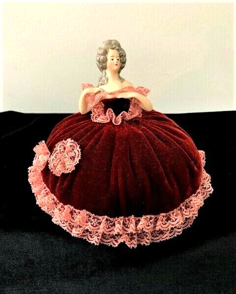 Antique German Porcelain China Marie Antoinette Pin Cushion Half Doll Red Velvet