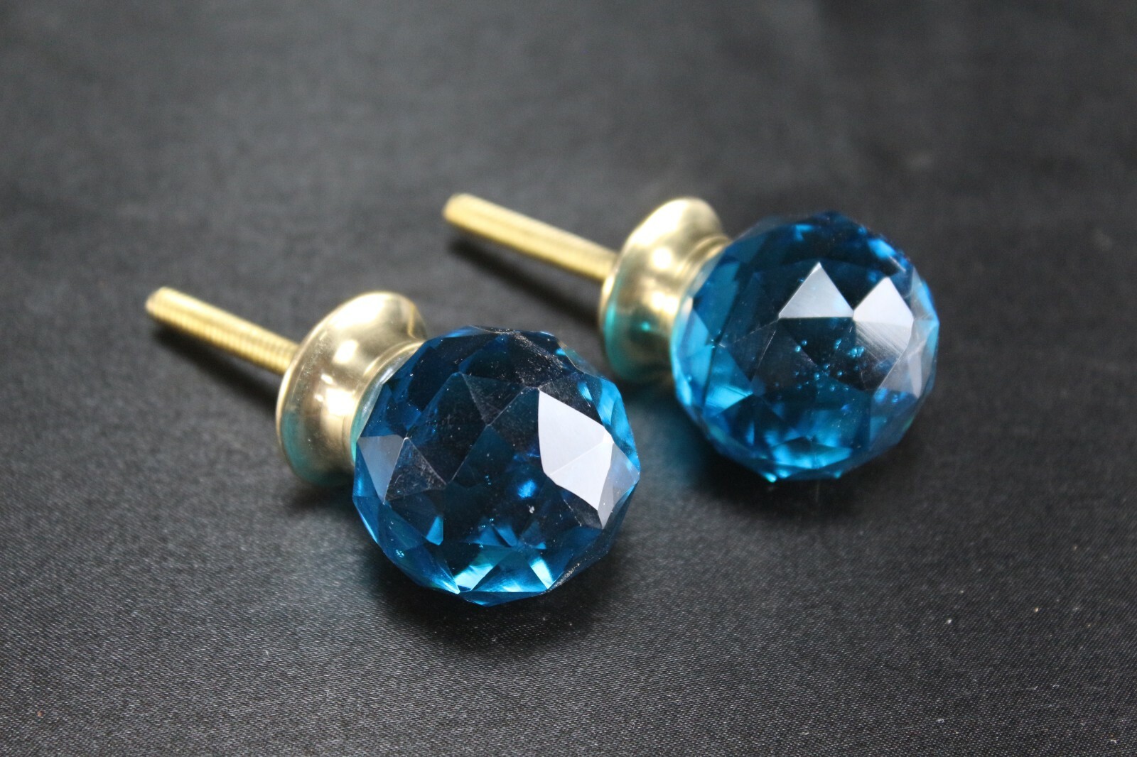 Sky Blue Diamond Cut Glass Door Knobs | Brass Base, Vintage Set of 2, Home Decor